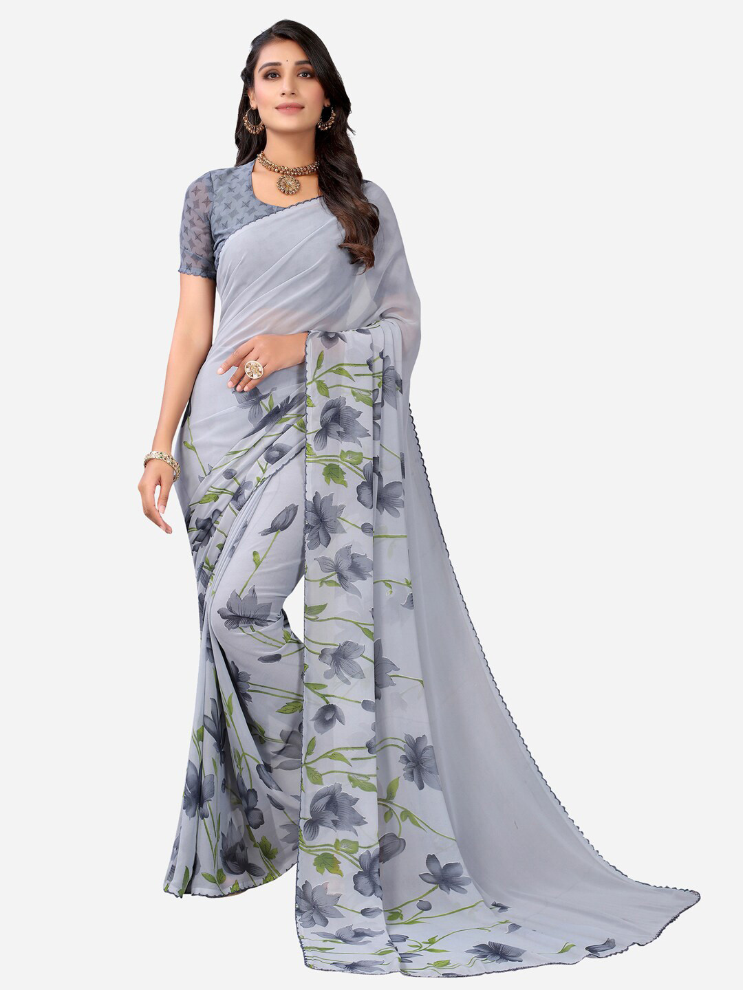 

SIRIL Grey & Green Floral Saree