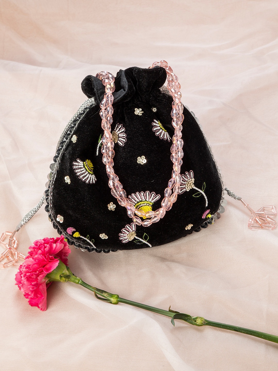 

DEEBACO Black Embroidered Velvet Potli Bag