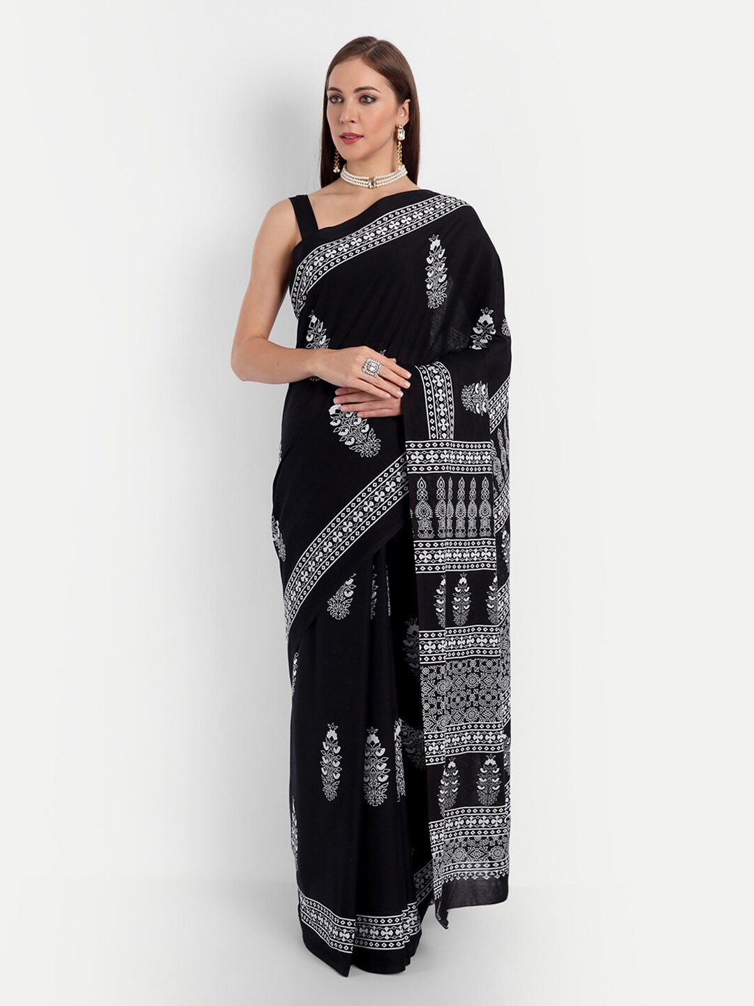 BUTA BUTI Black & White Ethnic Motifs Pure Cotton Saree