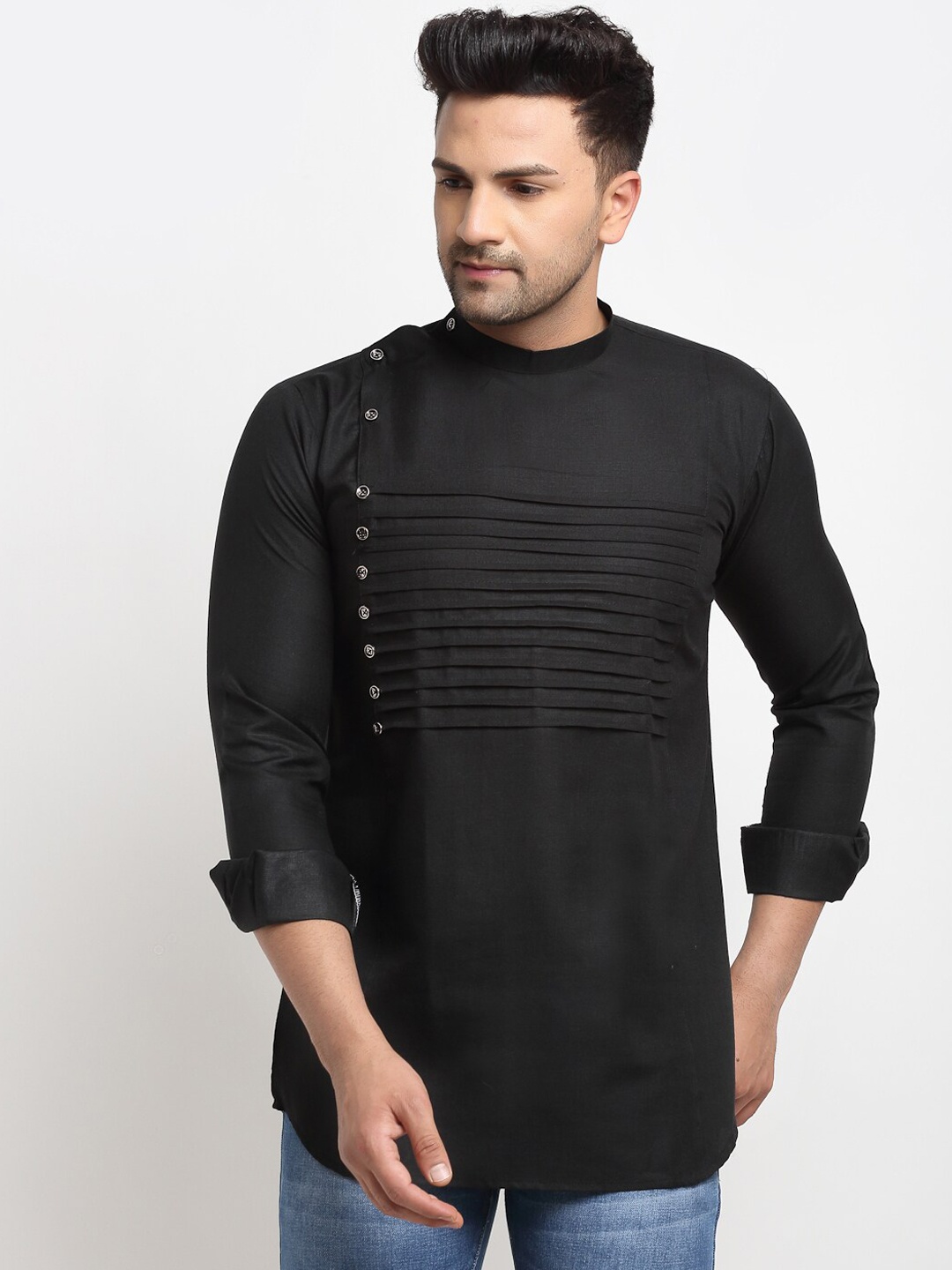 

Kaifoo Pure Cotton Madarin Collar Short Kurta, Black