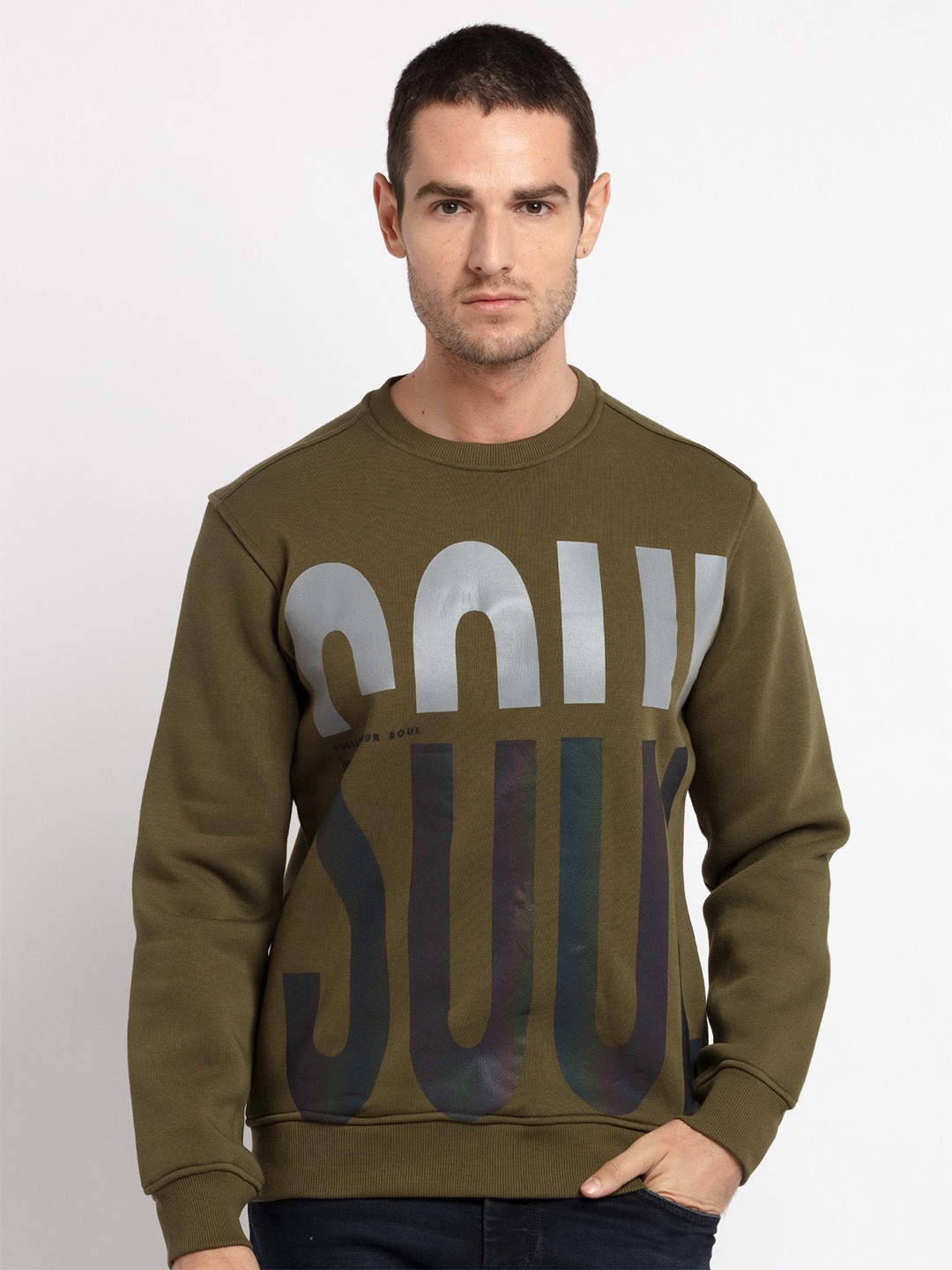 

Status Quo Men Olive Green Printed Sweatshirt