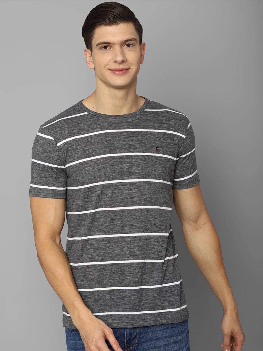 

Louis Philippe Sport Men Grey and White Striped Slim Fit T-shirt