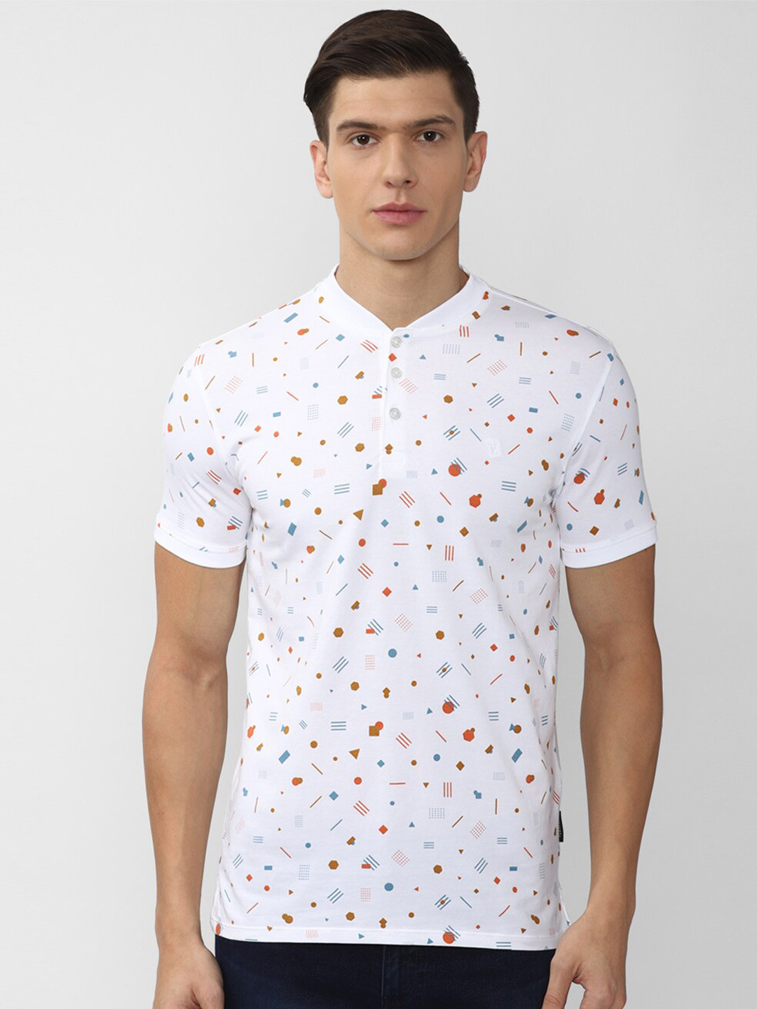 

V Dot Men White Printed Mandarin Collar Slim Fit T-shirt