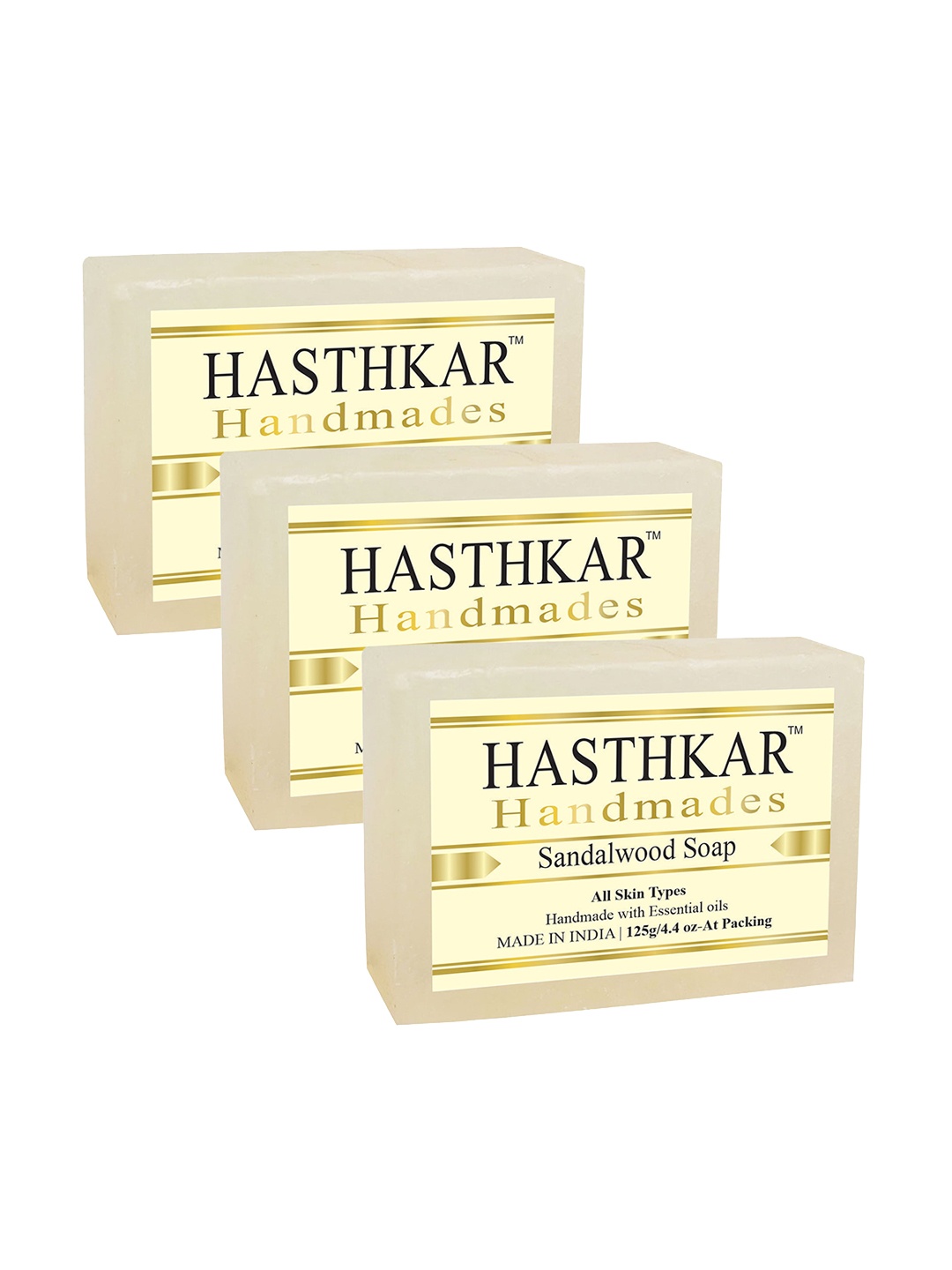 

Hasthkar Set of 3 Handmade Sandalwood Soaps for All Skin Types - 125 g Each, Cream