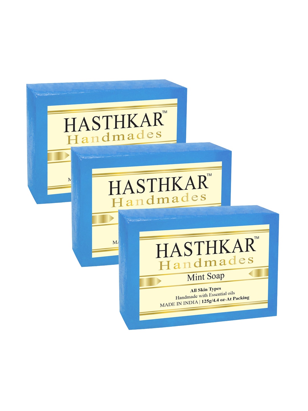 Hasthkar Set of 3 Handmade Mint Soap with Glycerin & Coconut Oil - 125 g Each, Blue