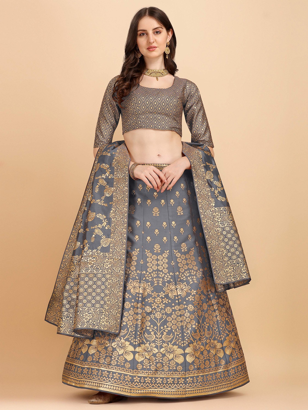

HERE&NOW Women Grey Semi-Stitched Lehenga & Unstitched Blouse With Dupatta