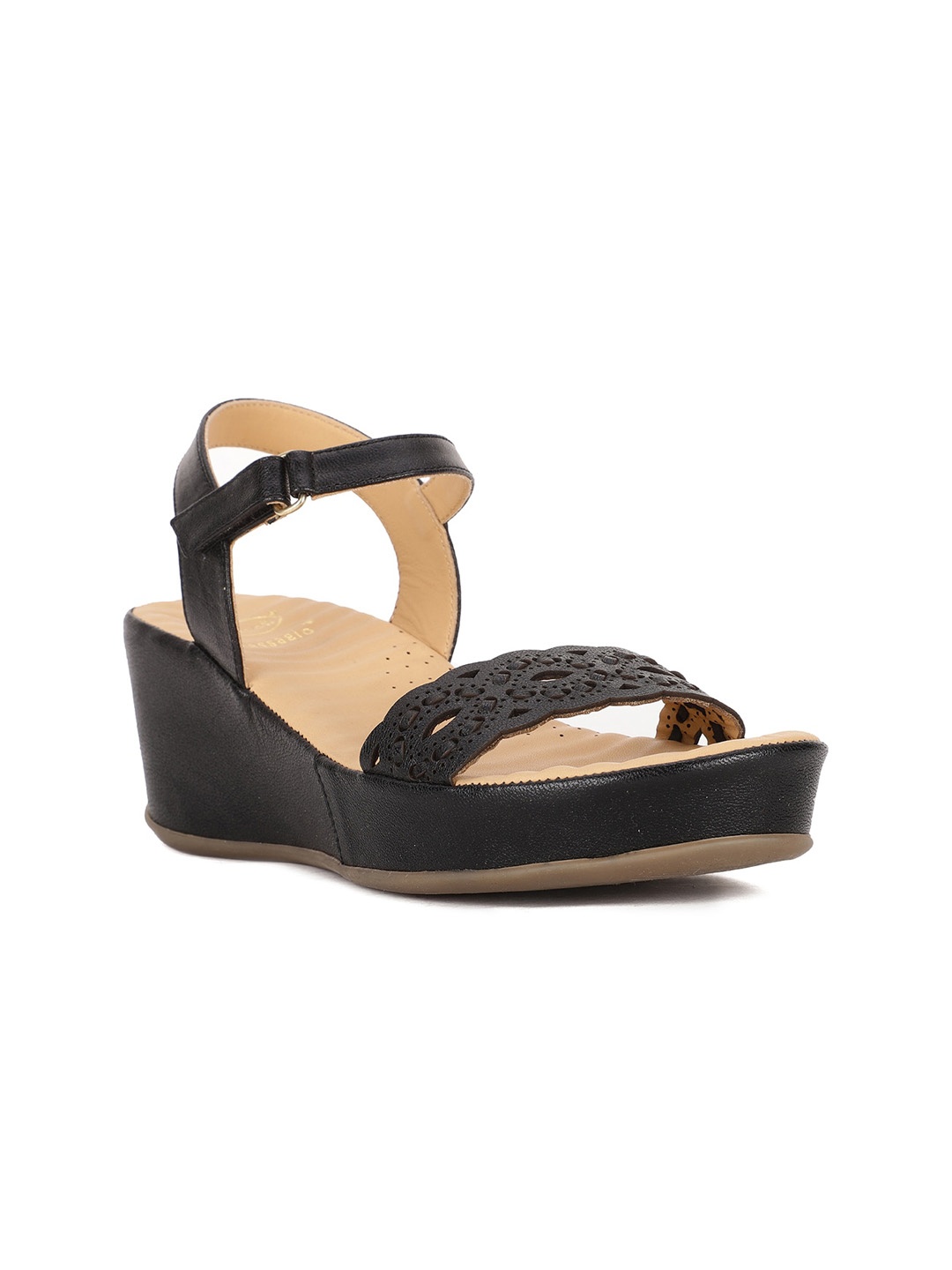 

Scholl Black Leather Wedge Heels with Laser Cuts