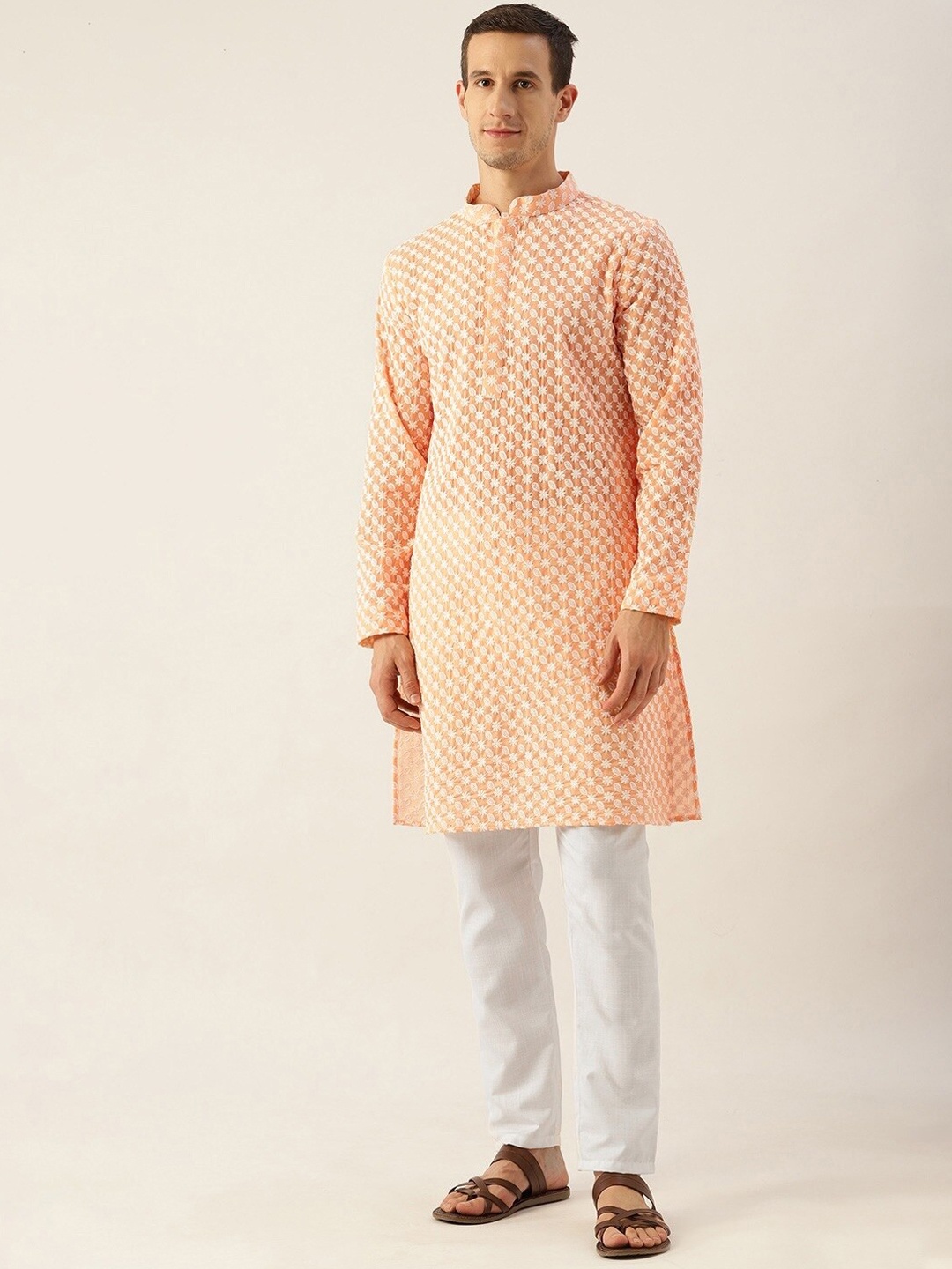 

Molly & Michel Men Orange Floral Embroidered Chikankari Pure Cotton Kurta