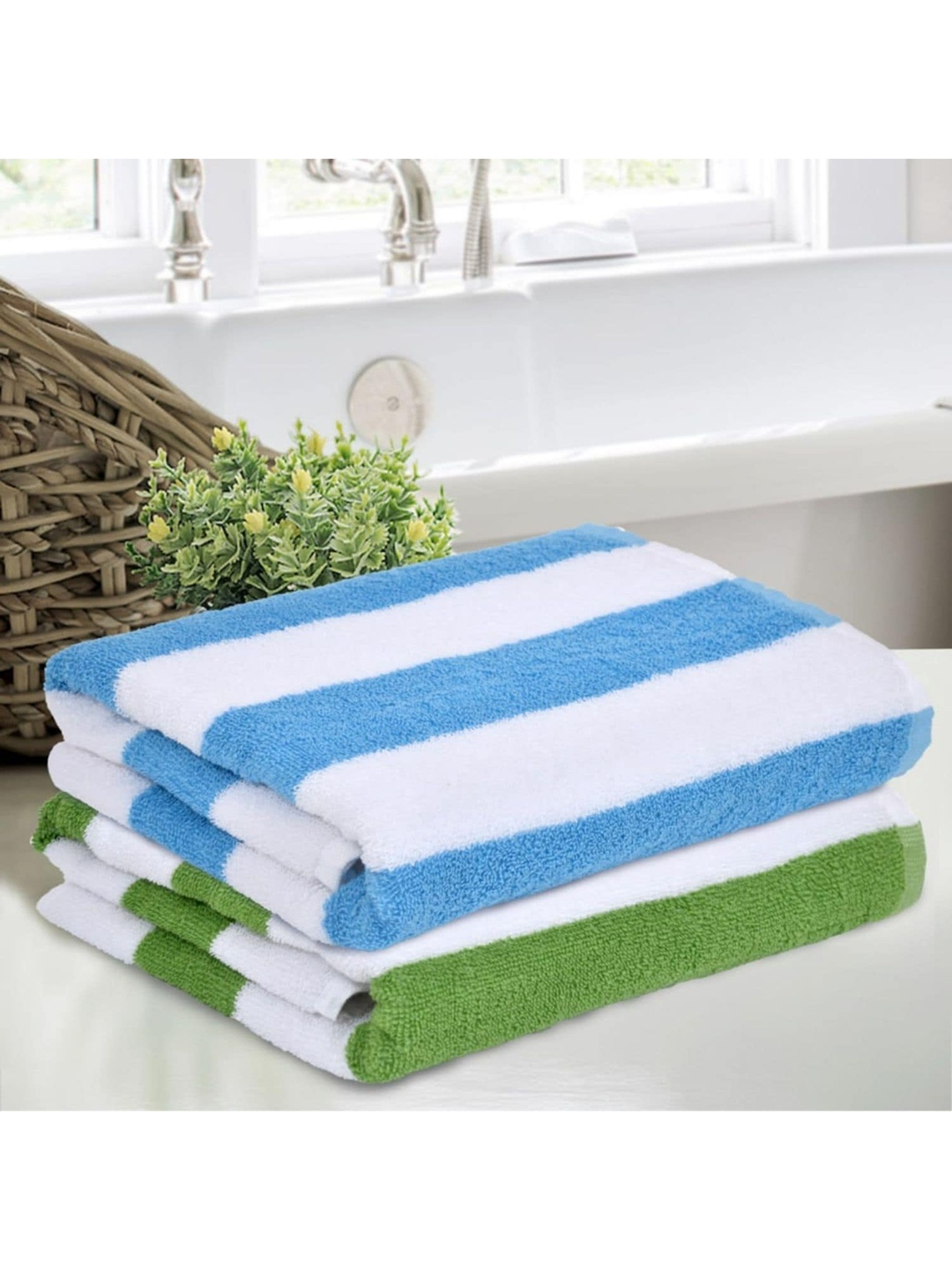

haus & kinder Kids Set of 2 Striped Cotton 450 GSM Bath Towels, Blue
