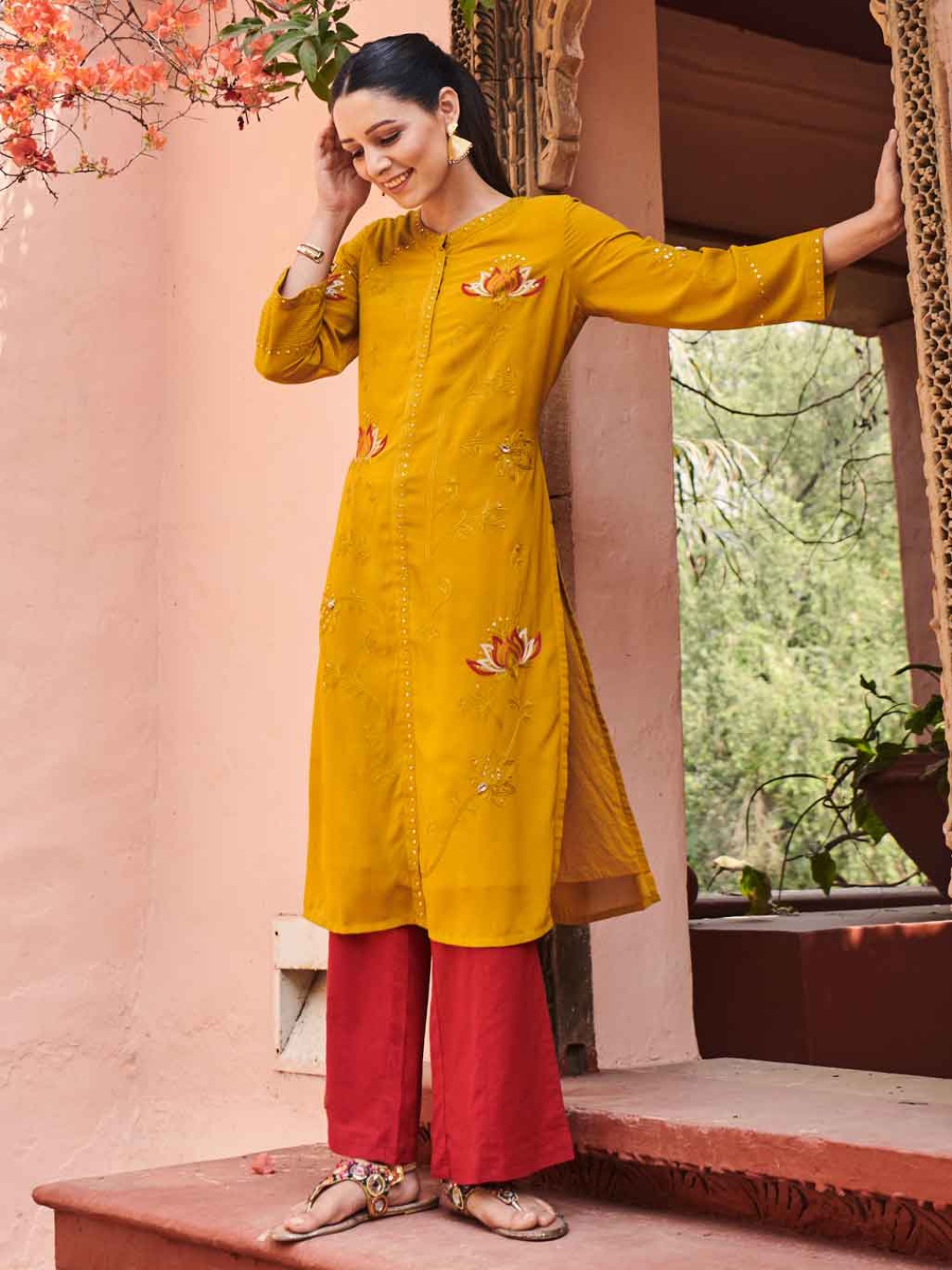 

Lakshita Women Mustard Yellow & Red Floral Embroidered Thread Work Georgette Kurta