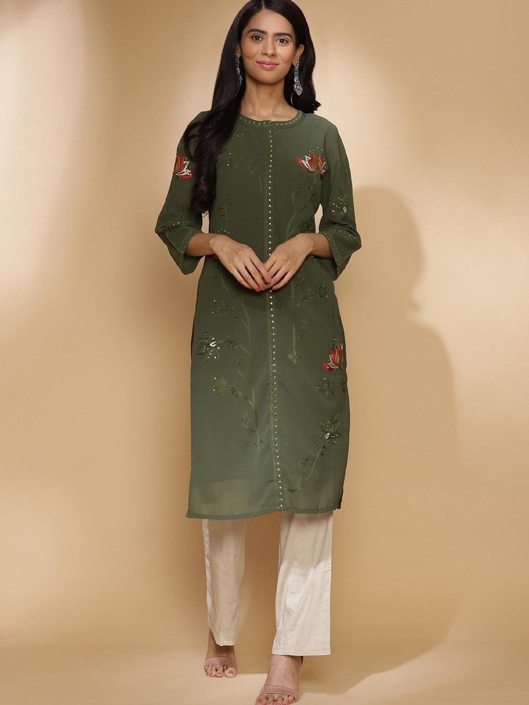 

Lakshita Women Olive Green Ethnic Motifs Embroidered Georgette Kurta