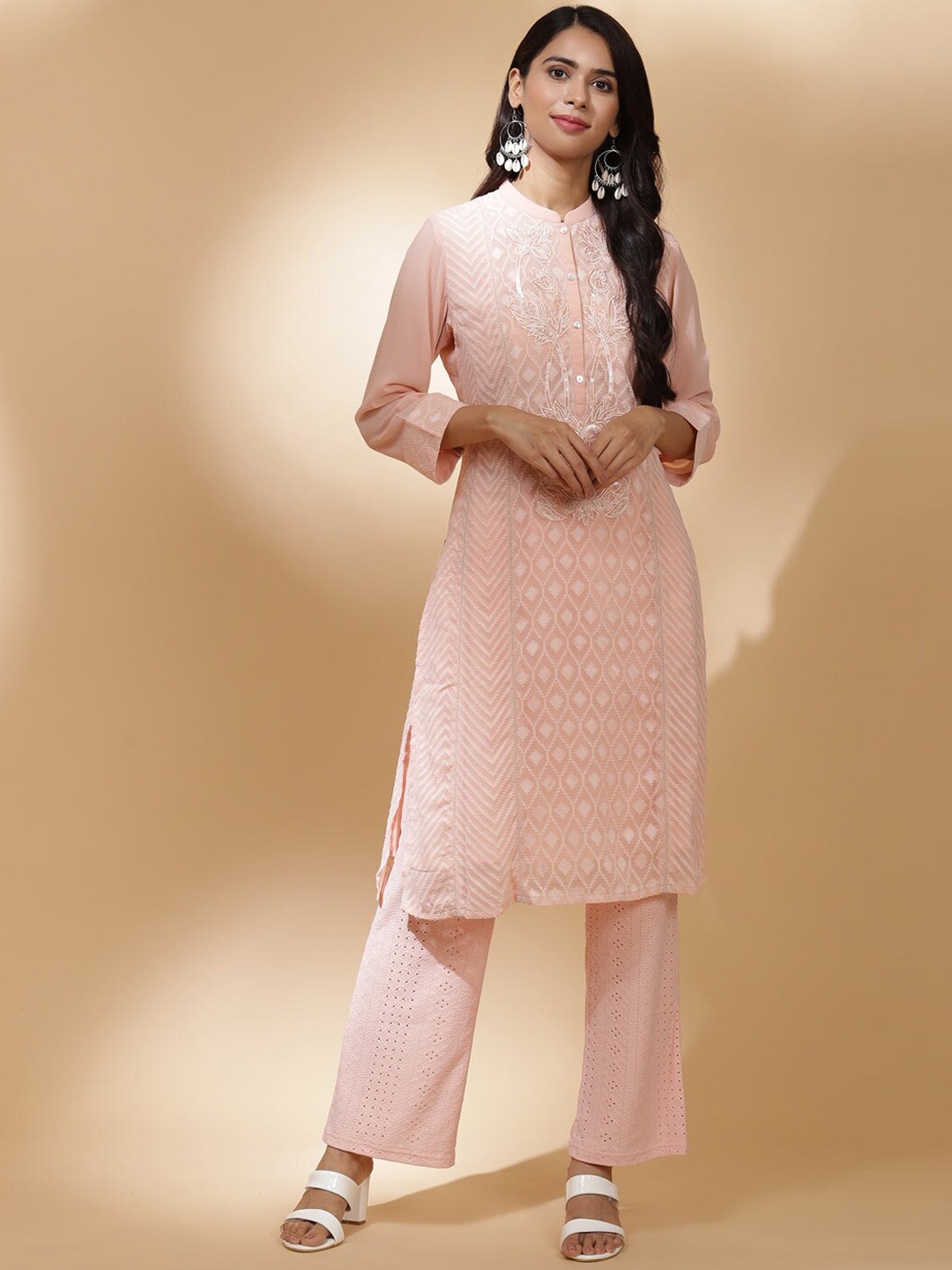 

Lakshita Women Peach-Coloured Ethnic Motifs Embellished Georgette Kurta