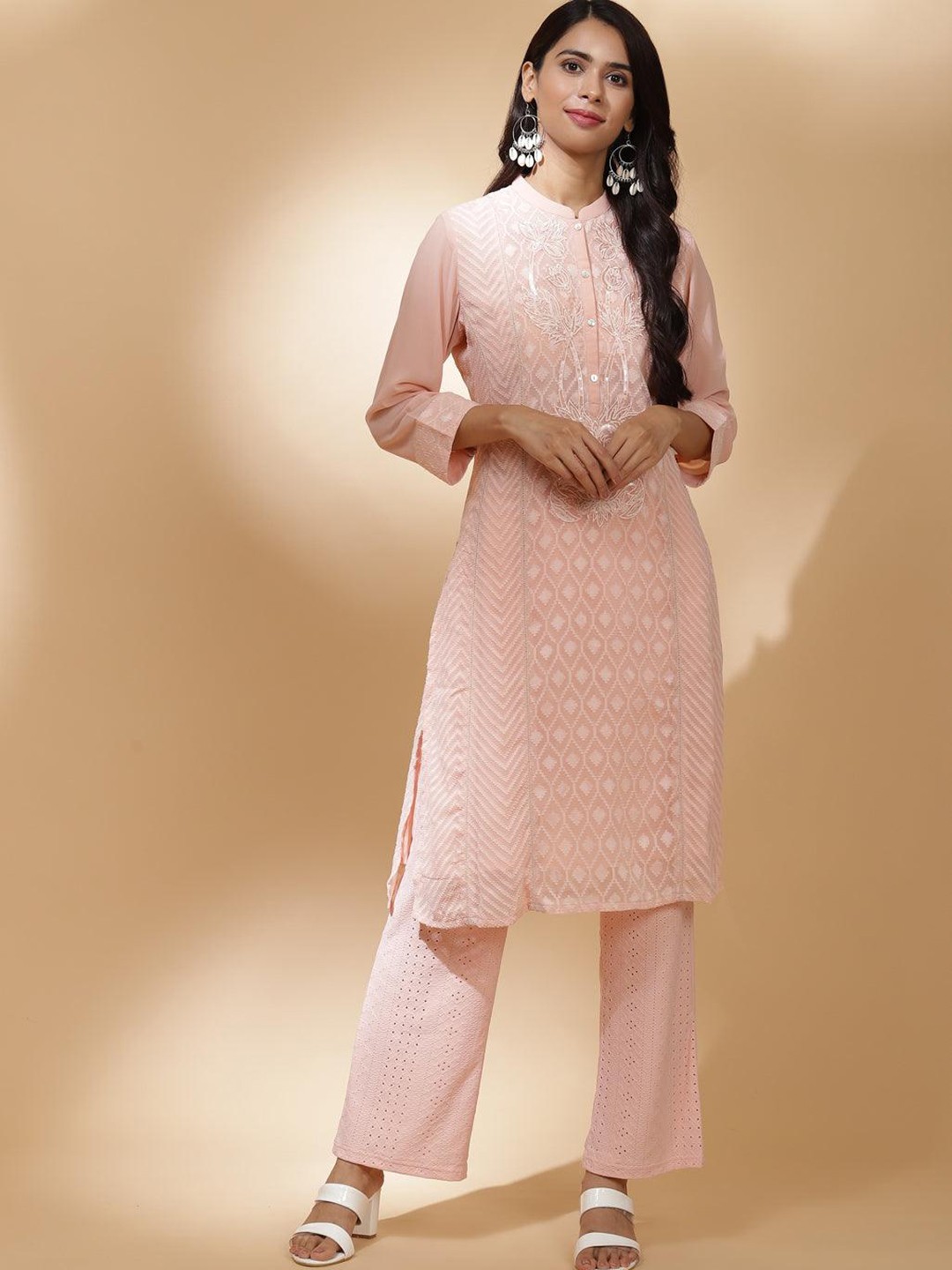 

Lakshita Women Peach Geometric Embellished Chikankari Georgette Kurta