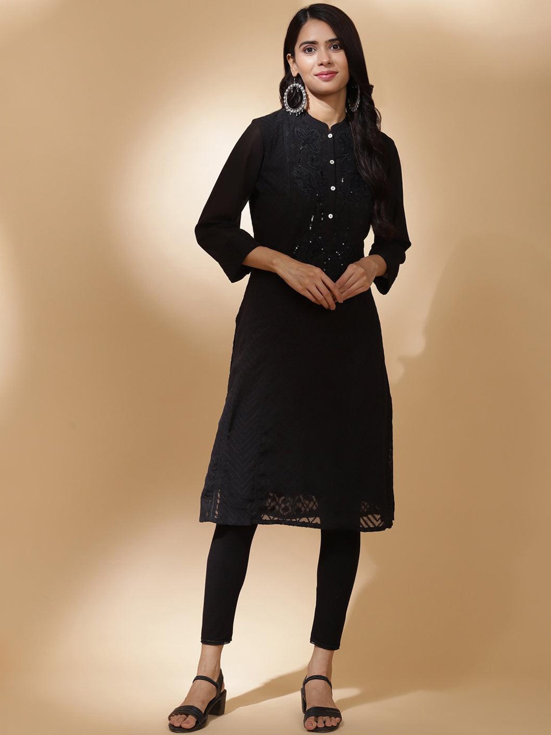

Lakshita Women Charcoal Flared Sleeves Thread Work Georgette Kurta