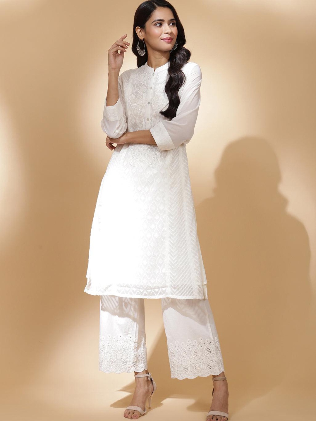 

Lakshita Women White Ethnic Motifs Embroidered Pure Georgette Kurta