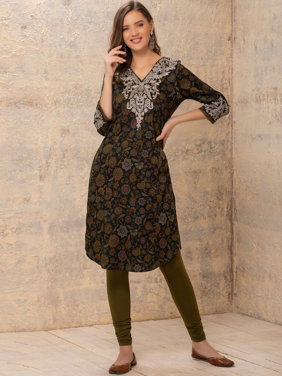 

Lakshita Women Green & Brown Floral Printed Flared Sleeves Thread Work Floral Kurta