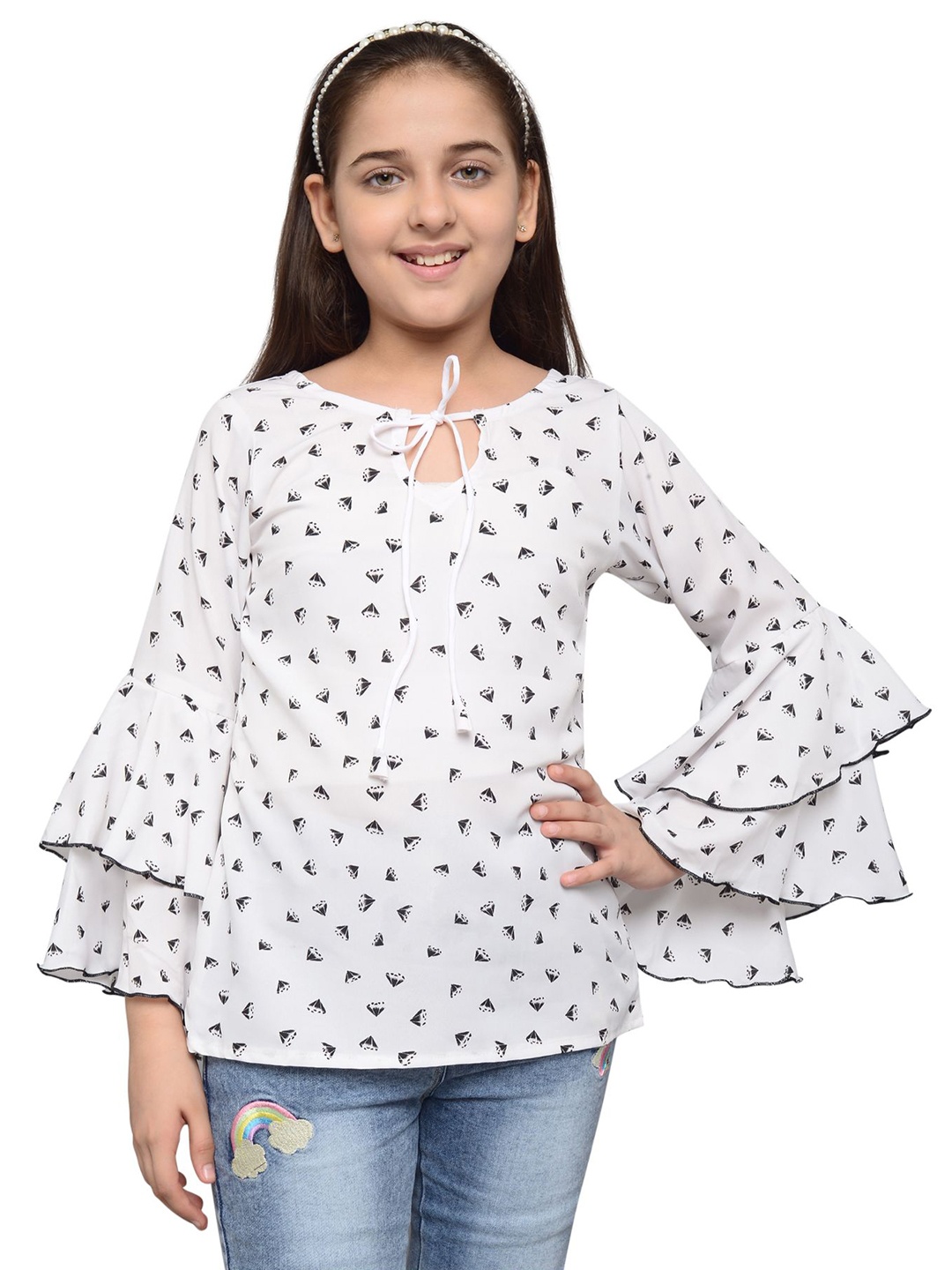 

White World White Floral Print Ruffles Crepe Top