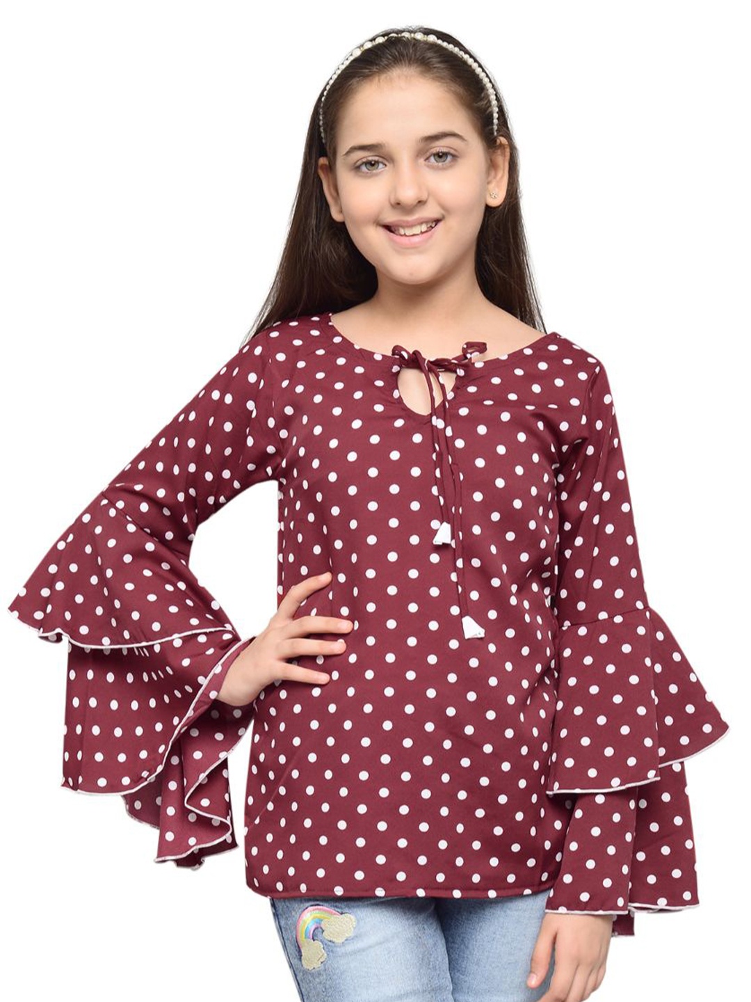 

White World Maroon Print Tie-Up Neck Ruffles Layered Bell Sleeves Crepe Top