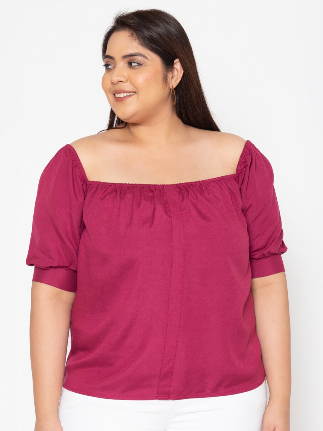 

Womauraa Plus Size Women Pink Puff Sleeves Top