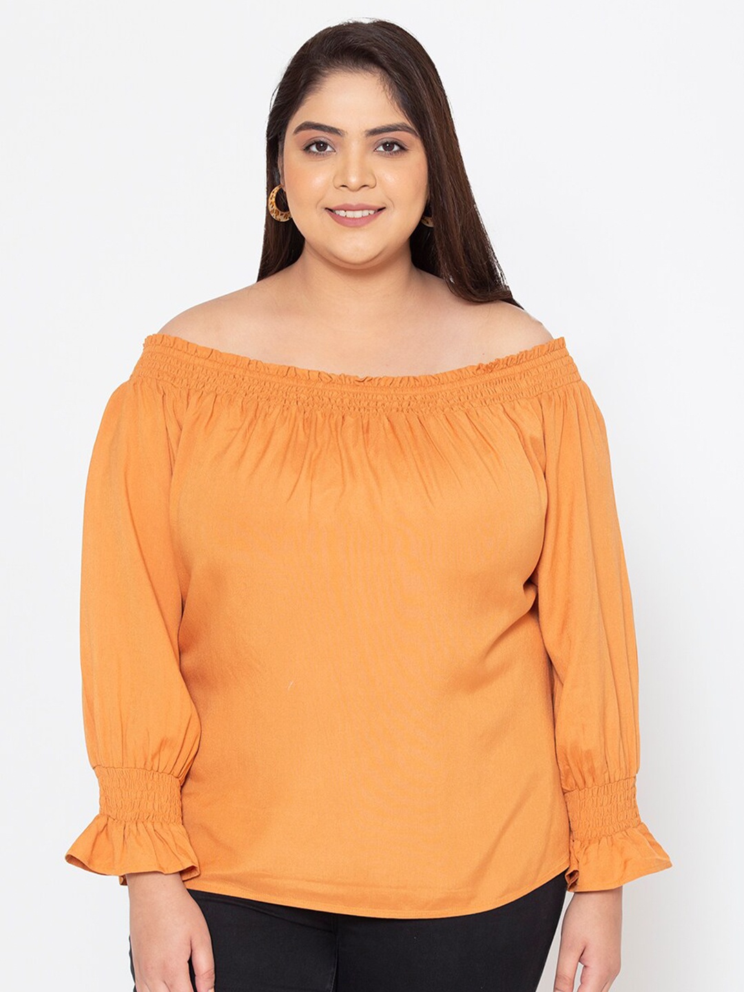

Womauraa WOMEN Plus size Orange Off-Shoulder Bardot Top