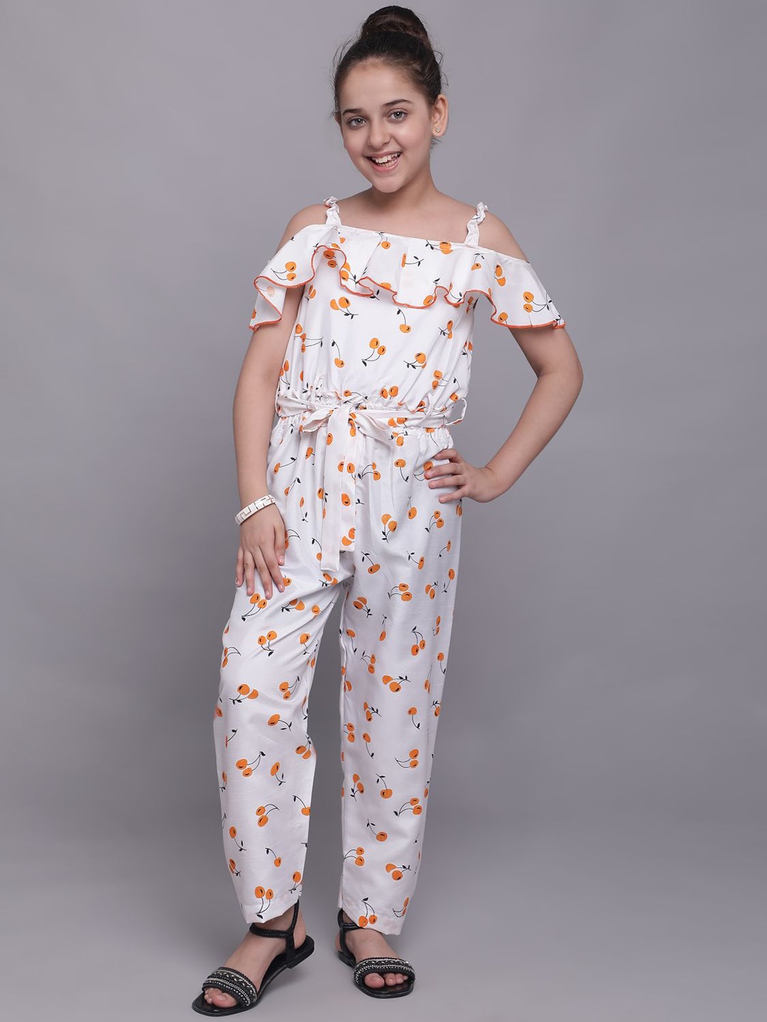 

White World Girls Orange & White Printed Basic Jumpsuit with Ruffles