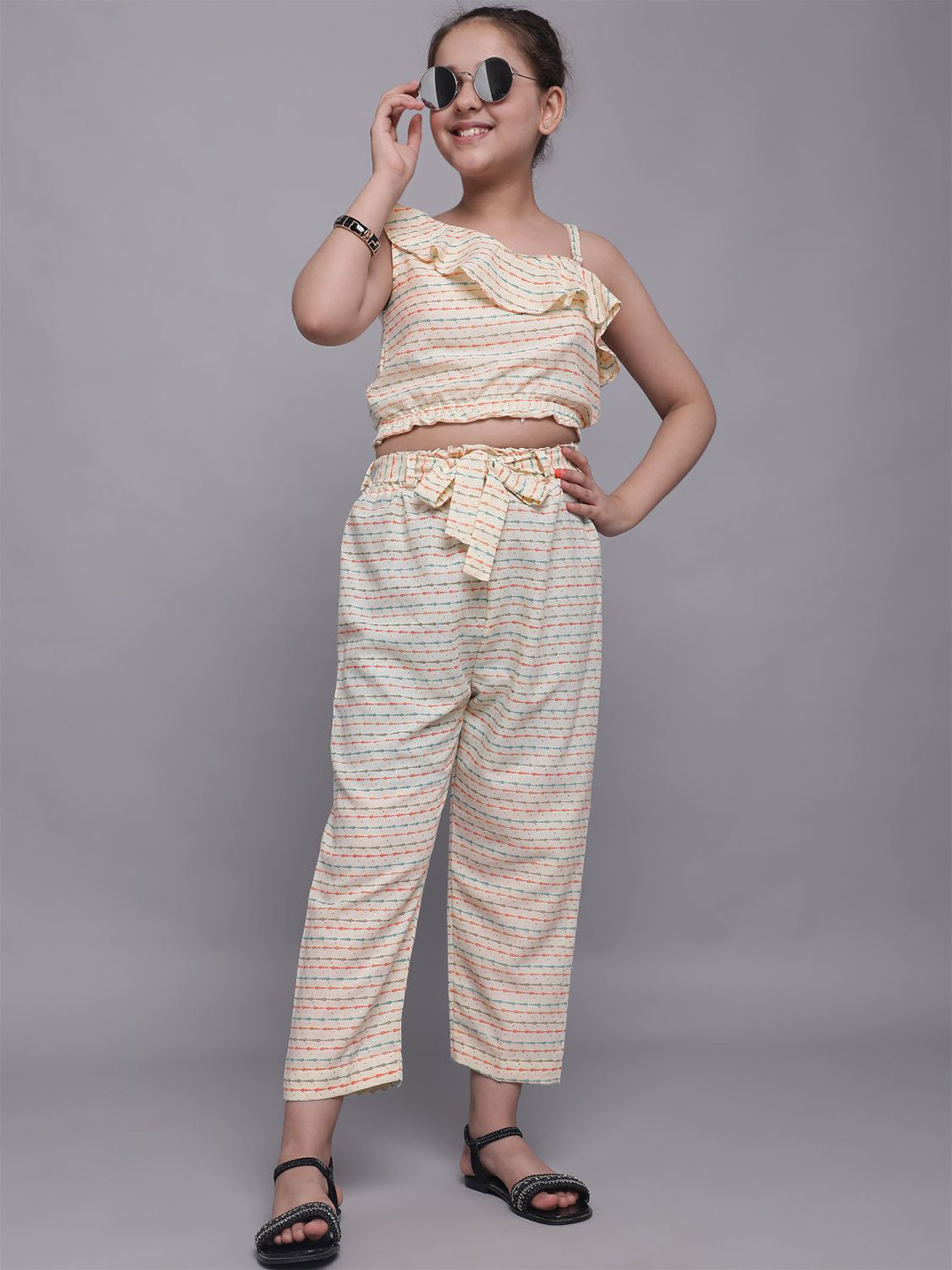 

White World Girls Cream-Coloured & Green Striped Basic Jumpsuit with Ruffles