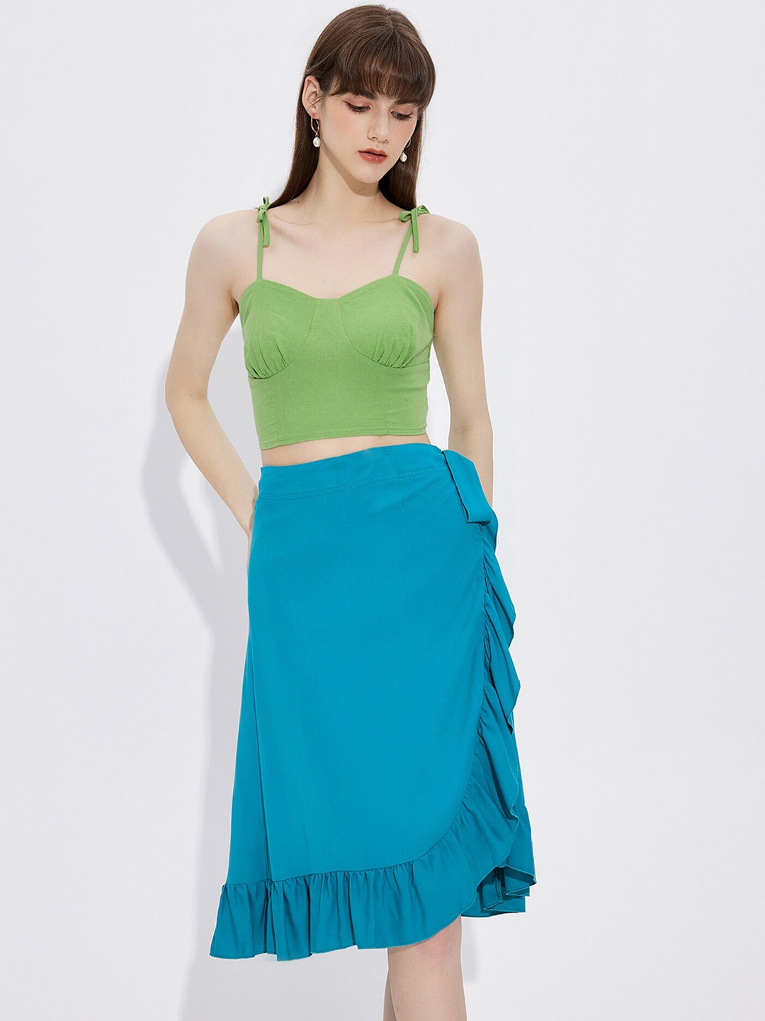 

URBANIC Women Blue & Green Solid Ruffle Co-Ords