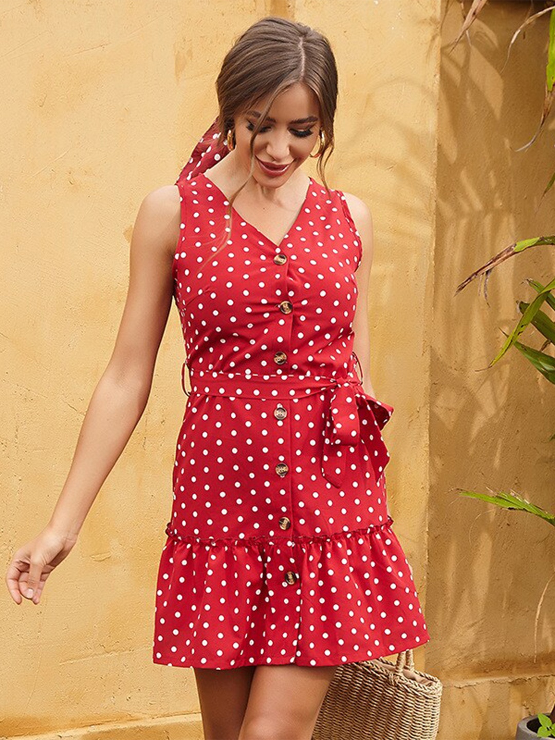 

StyleCast Red & White Polka Dots Printed Drop-Waist Dress