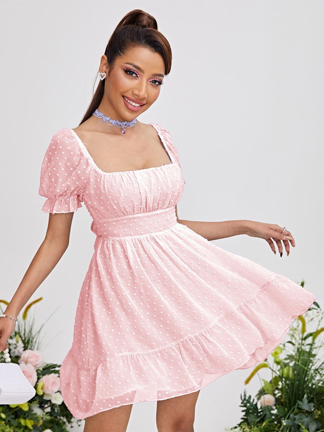 

StyleCast Women Peach-Coloured Puff Sleeve Fit and Flare Dresses