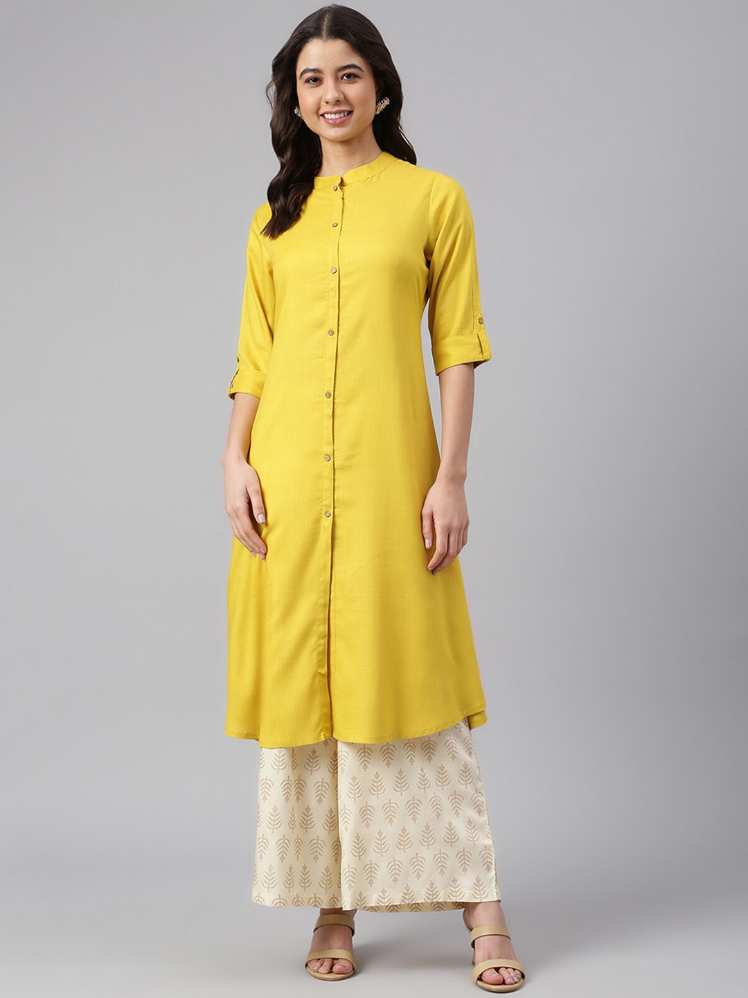 

Janasya Women Yellow Rayon Slub Solid Shirt Style Kurta
