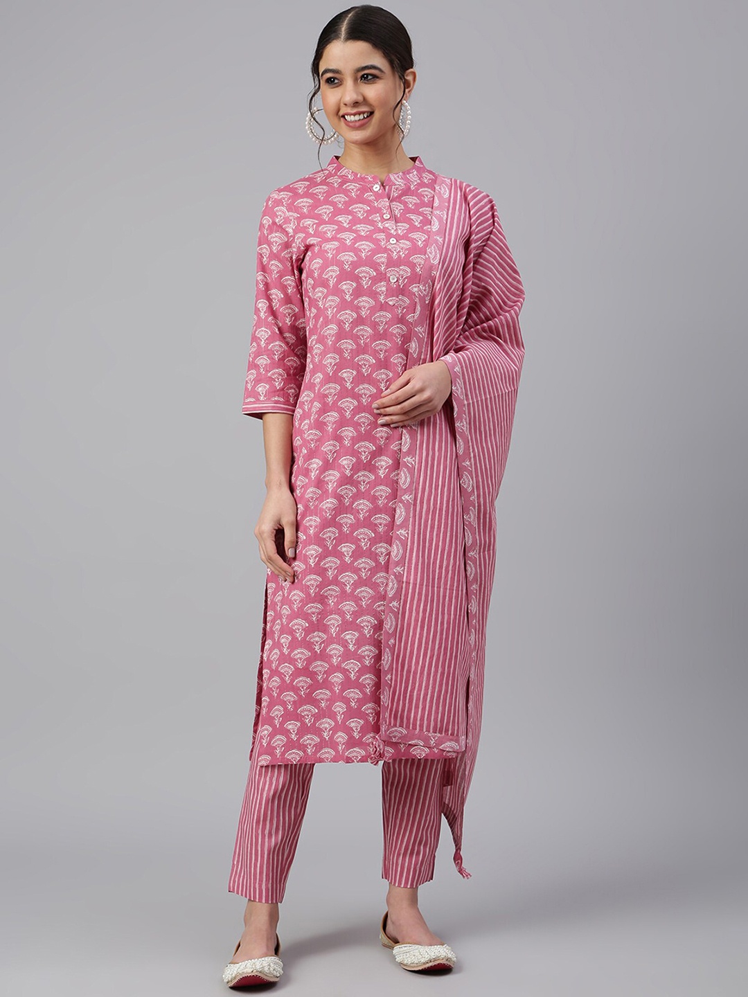 

Janasya Women Pink Ethnic Motifs Printed Pure Cotton Kurta with Trousers & With Dupatta