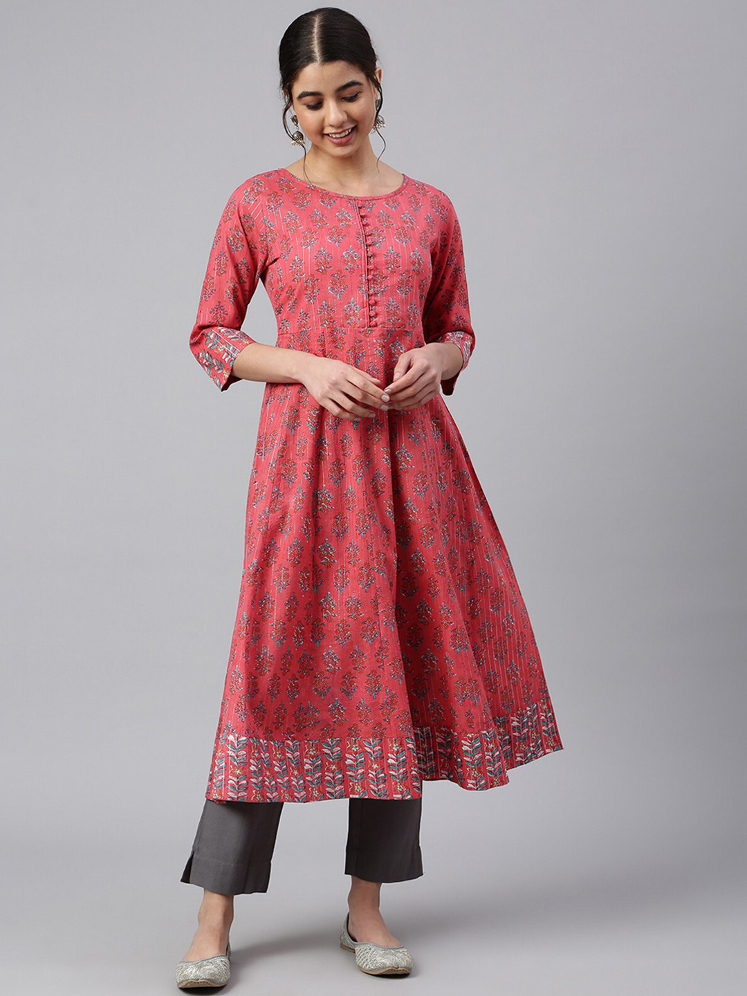 

Janasya Women Coral Cotton Floral Print Anarkali Kurta, Pink