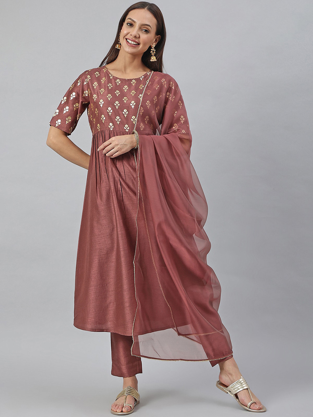 

Janasya Women Brown Floral Empire Kurta With Trousers & With Dupatta
