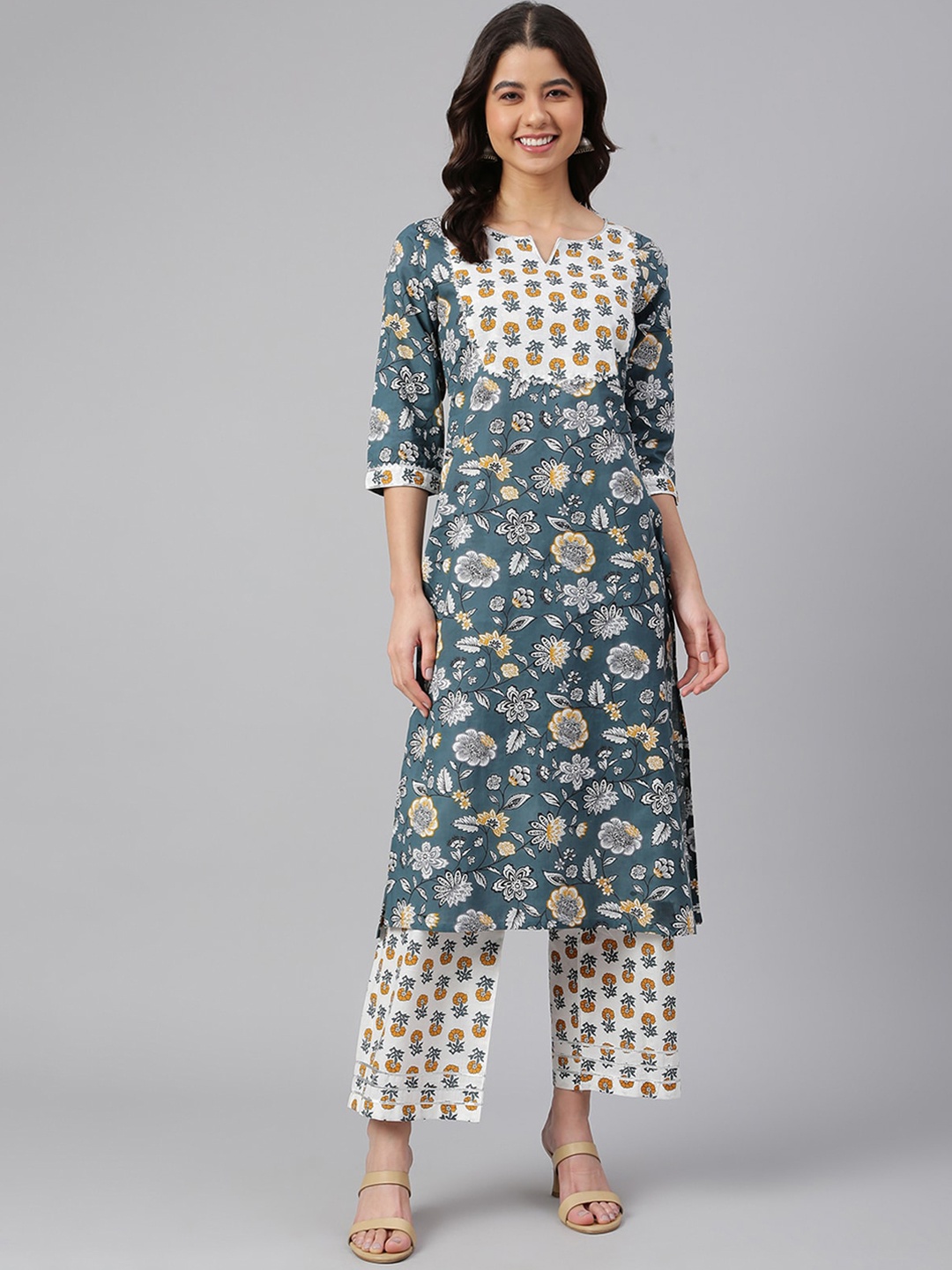 

Janasya Women Teal Ethnic Motifs Printed Gotta Patti Pure Cotton Kurta with Trousers
