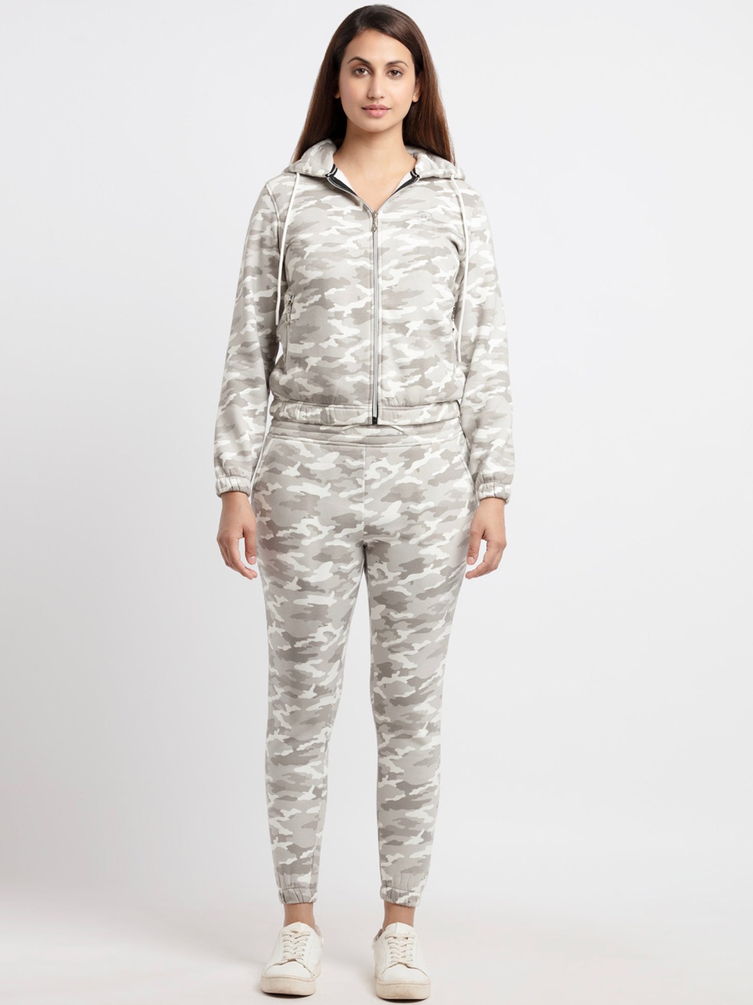 

Status Quo Women Grey & White Camouflage Printed Cotton Tracksuit