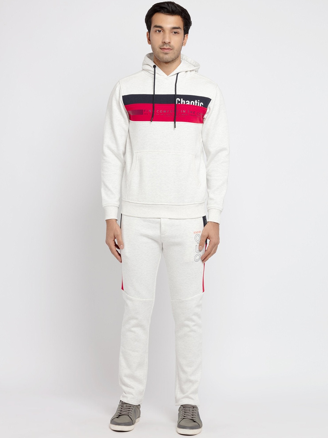 Status Quo Men White & Red Color-Blocked Cotton Tracksuit