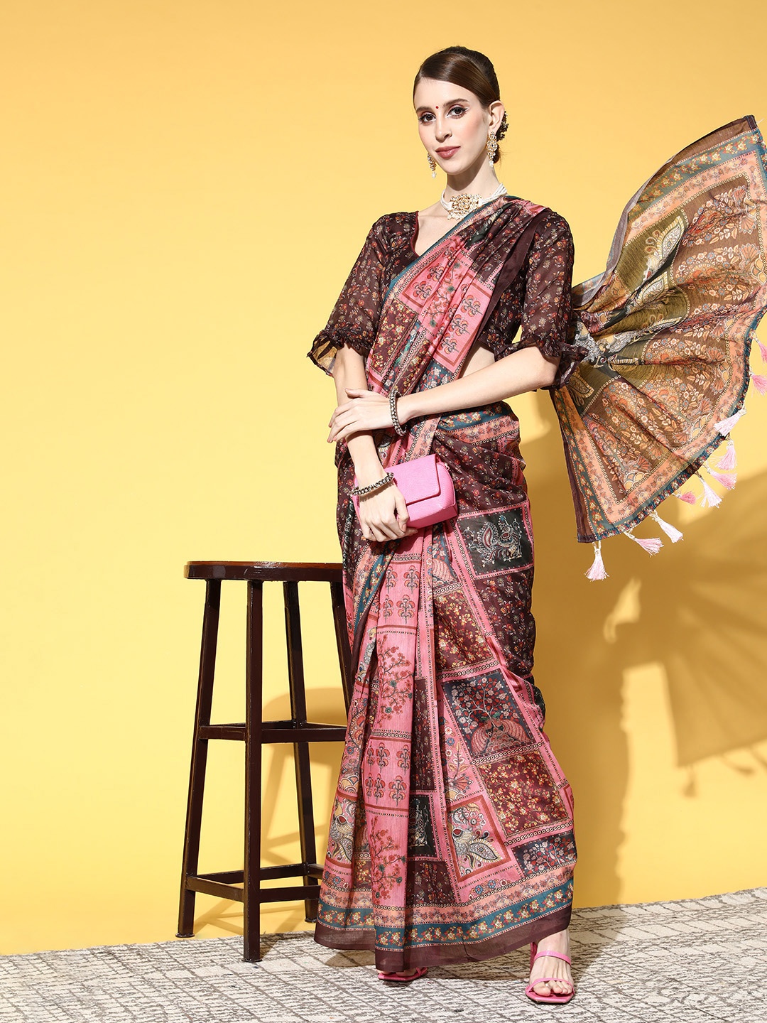 

Mitera Kalamkari Saree with Printed Border, Pink