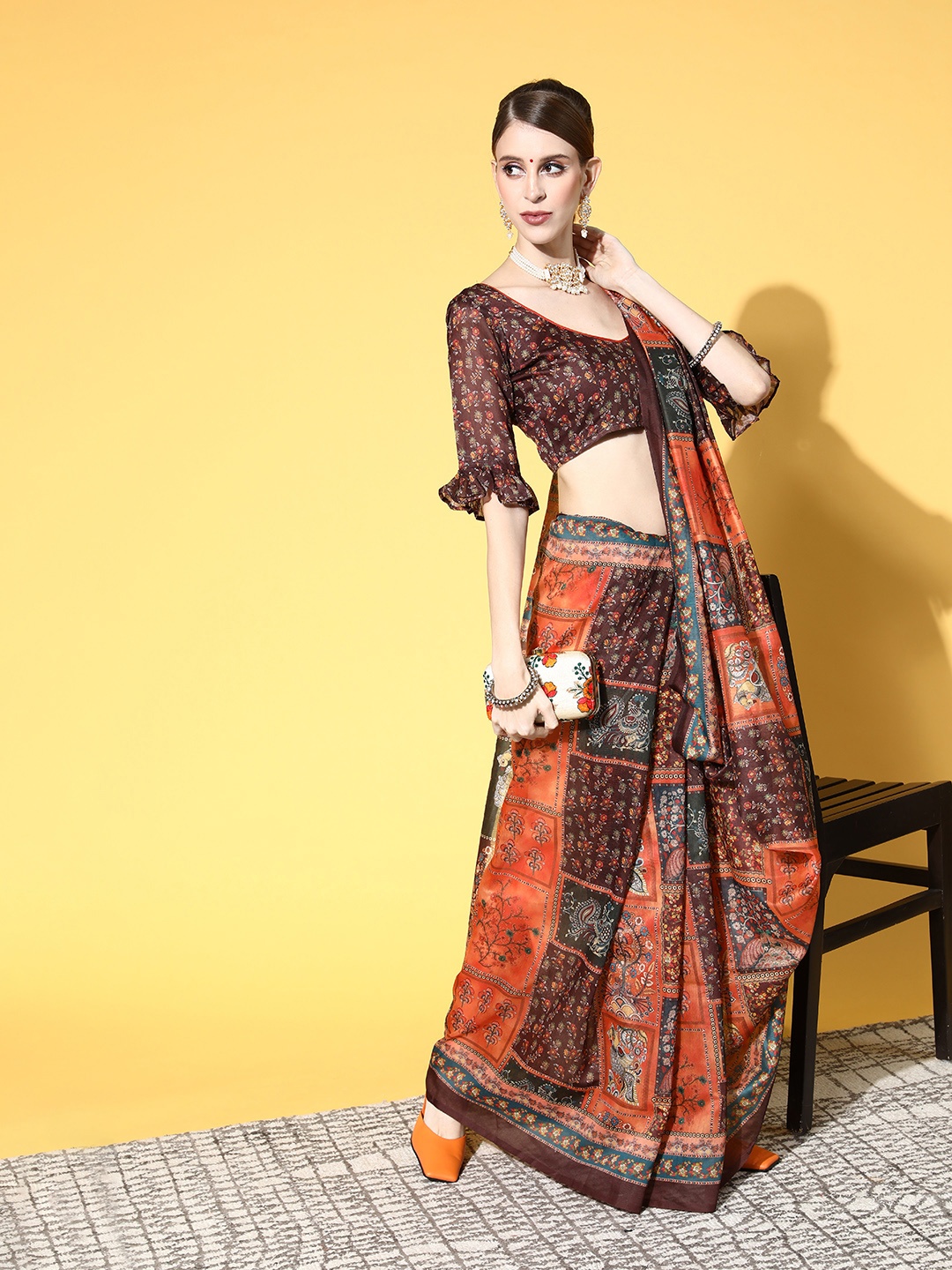 

Mitera Kalamkari Saree with Printed Border, Brown