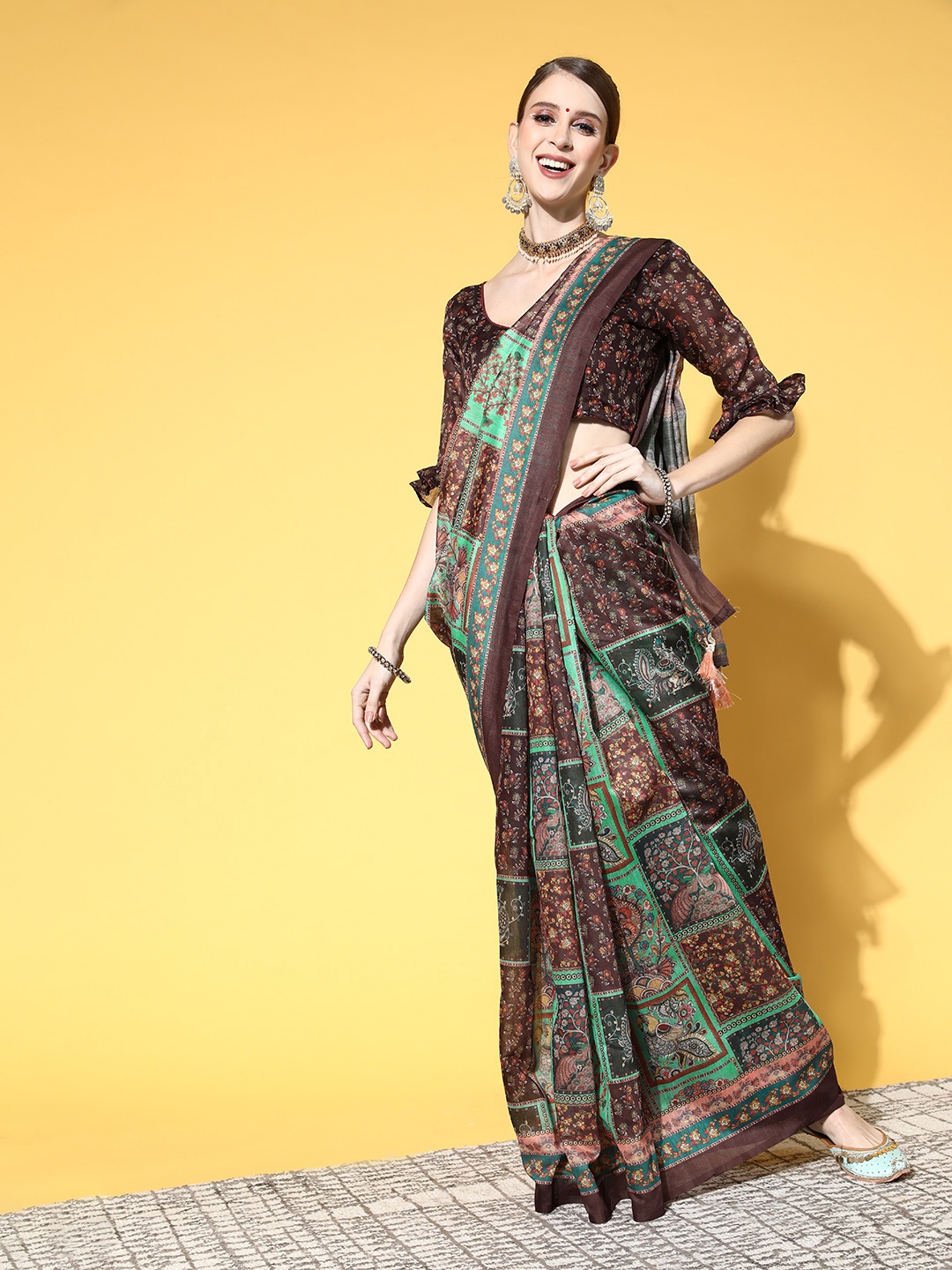 

Mitera Kalamkari Saree with Printed Border, Green