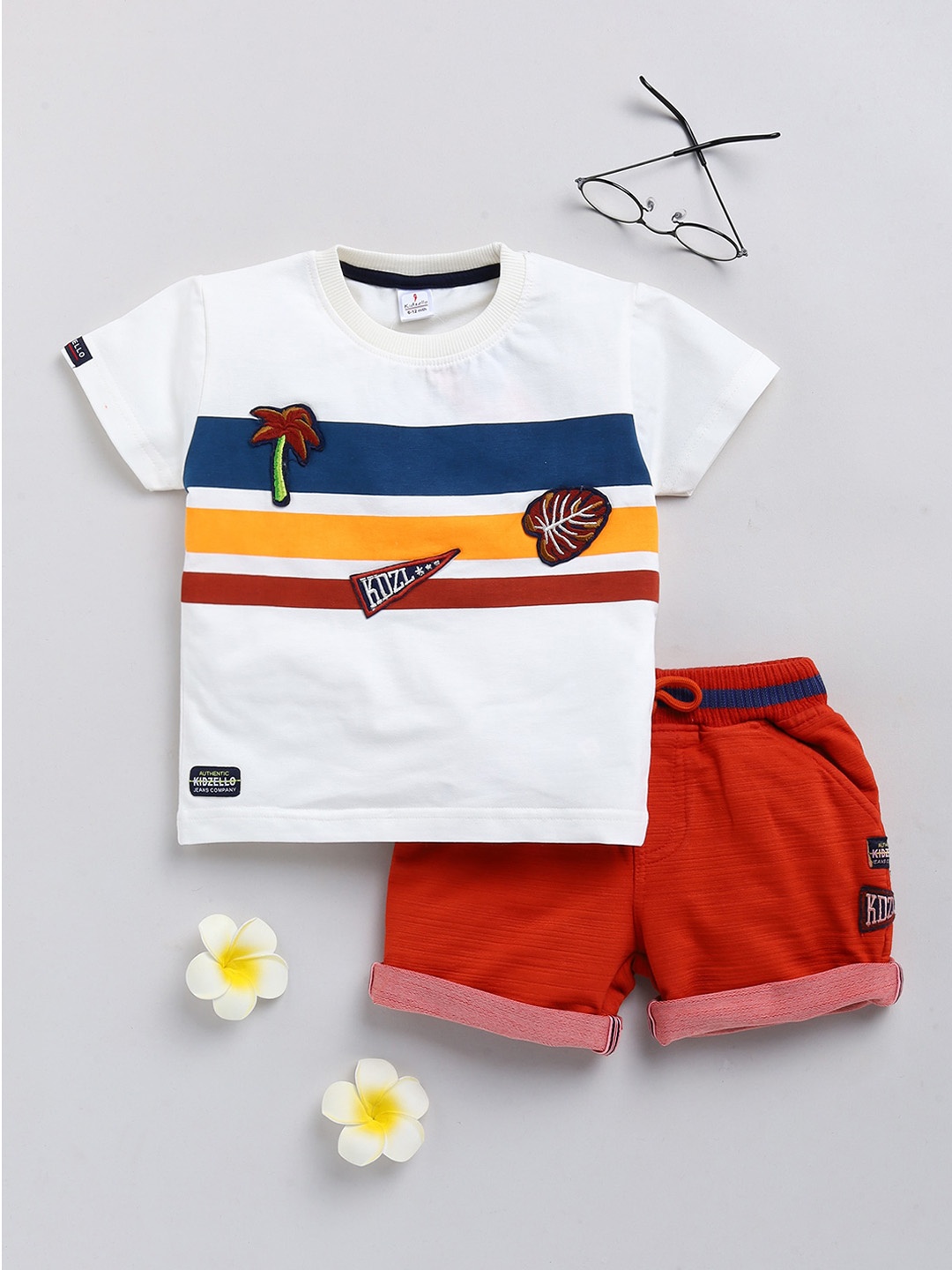 

KIDZELLO Boys White & Red Printed Pure Cotton T-shirt with Shorts