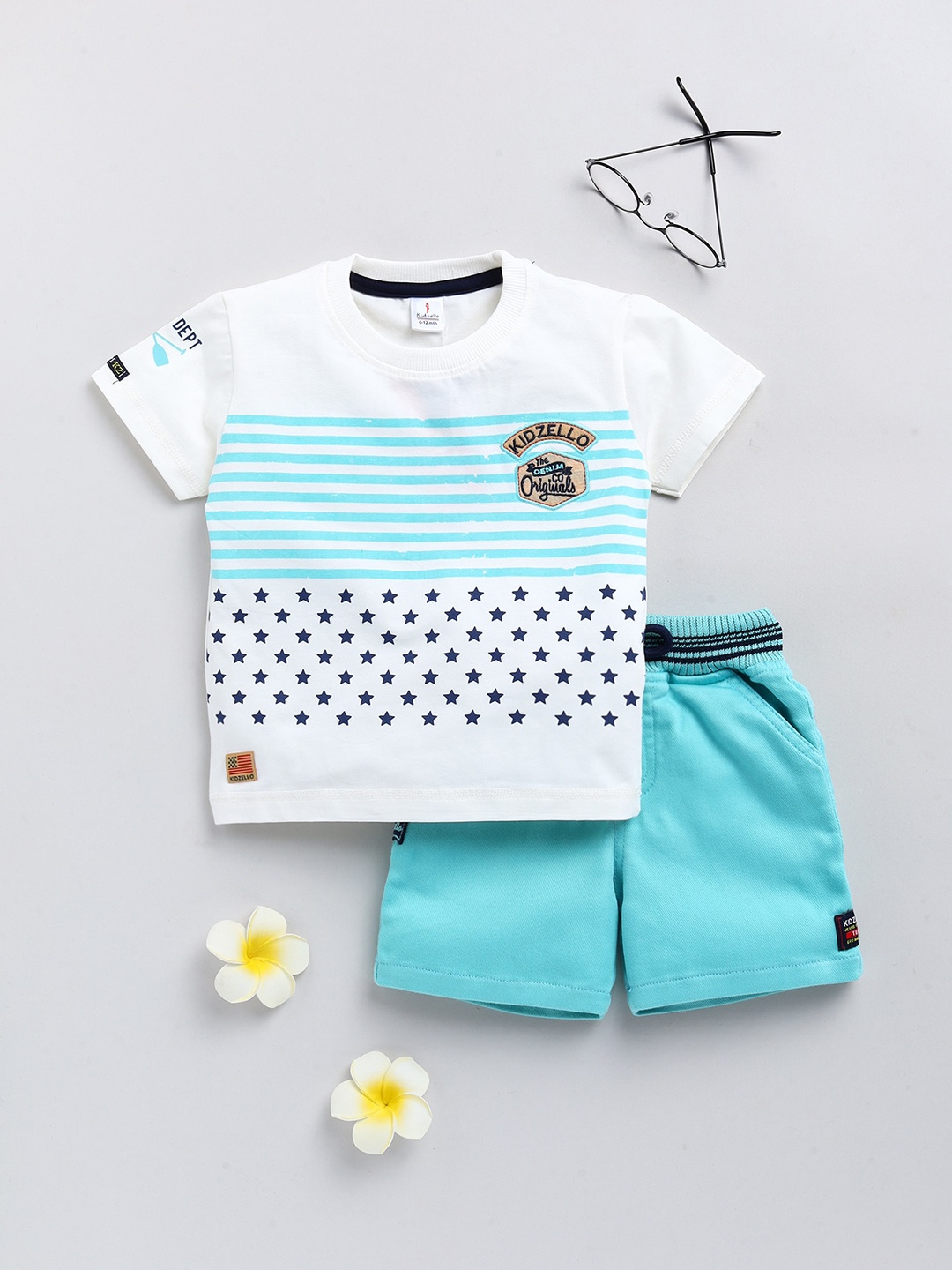 

KIDZELLO Boys White & Blue Printed Pure Cotton T-shirt with Shorts
