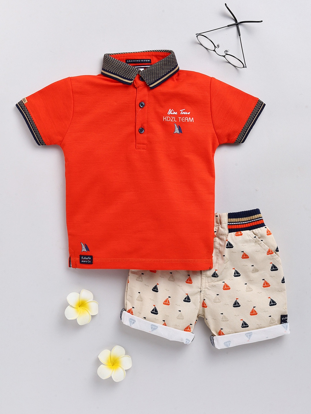 

KIDZELLO Boys Orange & Beige Pure Cotton T-shirt with Shorts