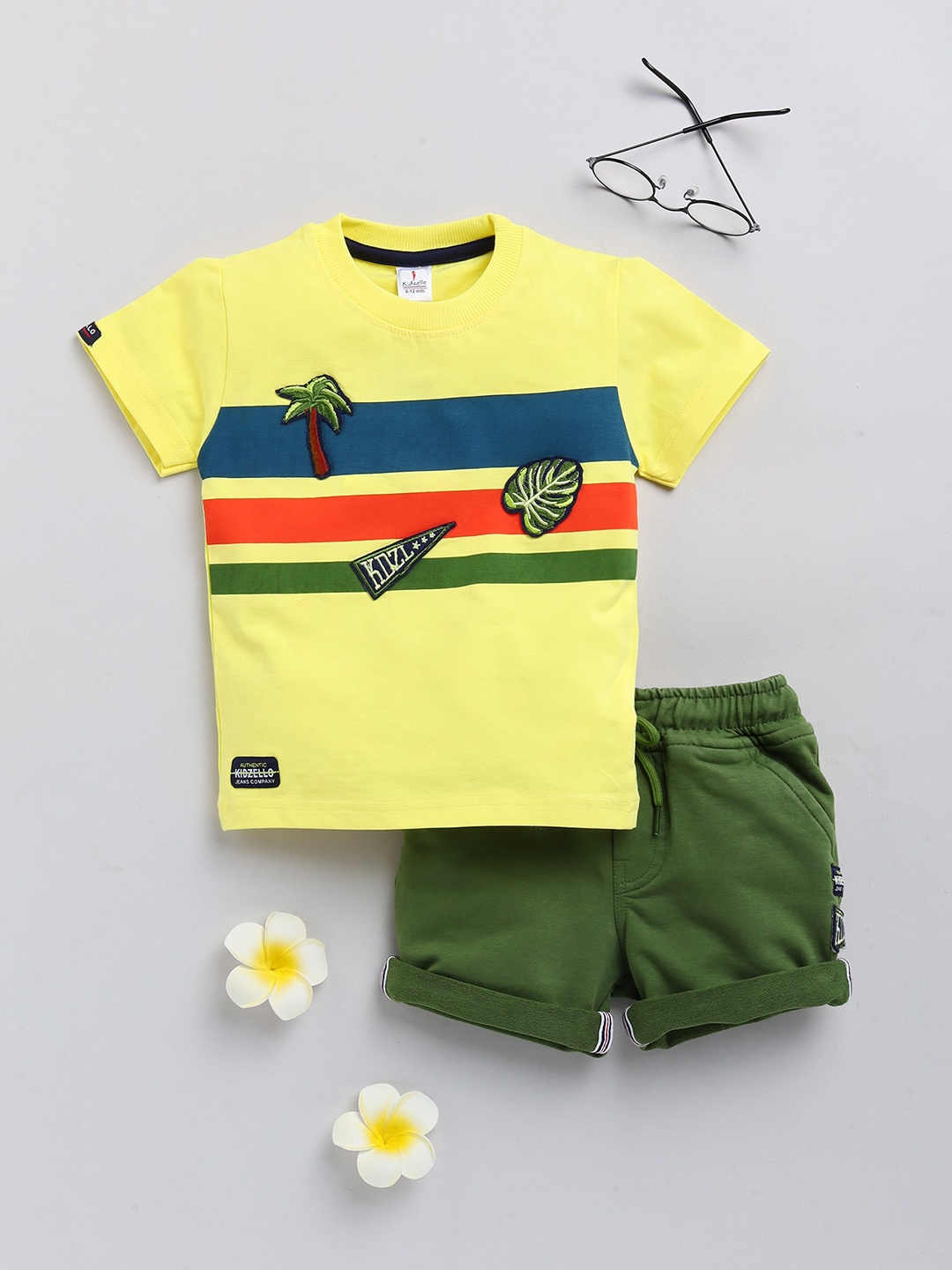 

KIDZELLO Boys Yellow & Olive Green Printed Pure Cotton T-shirt with Shorts