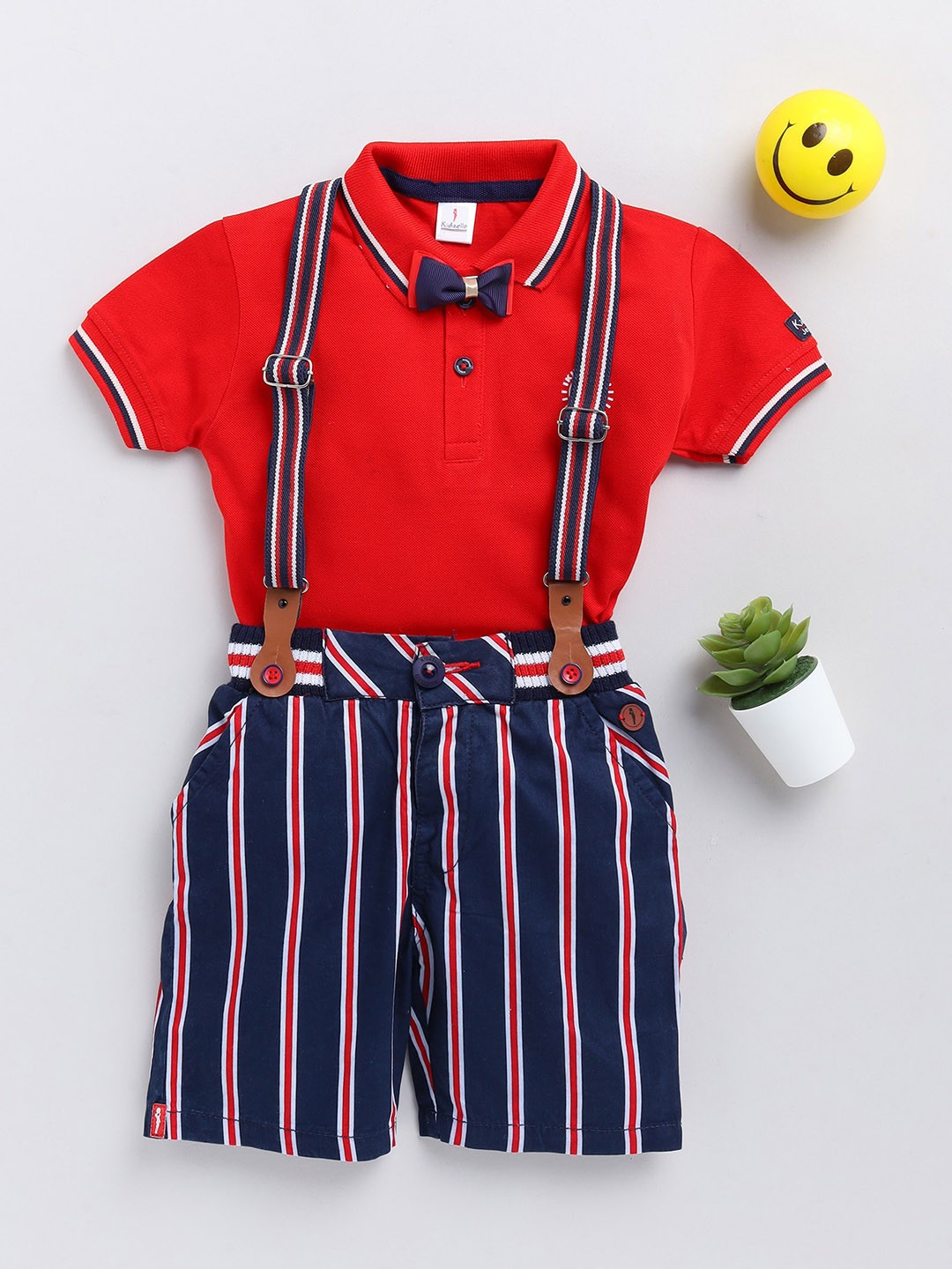 

KIDZELLO Boys Red & Navy Blue Pure Cotton T-shirt with Shorts & Suspenders