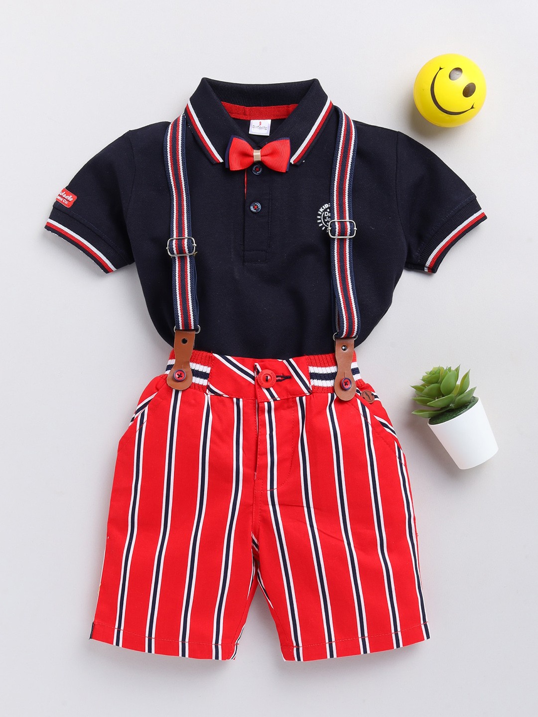 

KIDZELLO Boys Navy Blue & Red Pure Cotton T-shirt with Shorts & Suspender