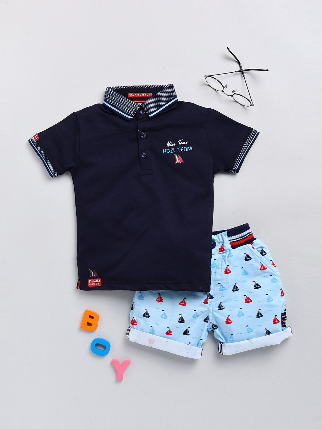 

KIDZELLO Boys Blue & Turquoise Blue Pure Cotton T-shirt with Shorts