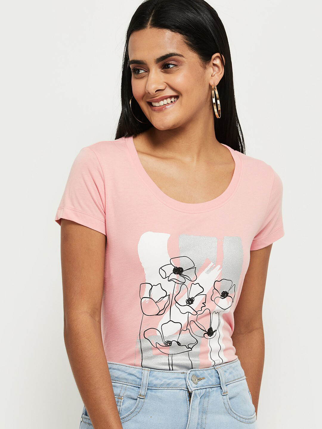 

max Women Coral Printed T-shirt