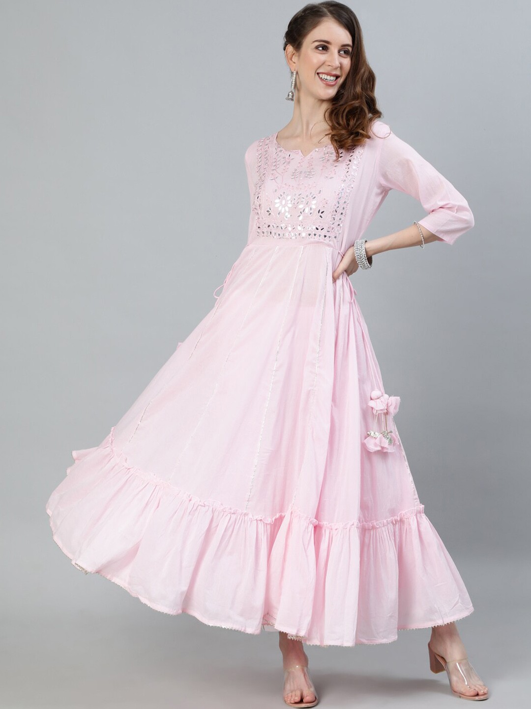 

Ishin Women Pink Embellished Flared Sleeves Gotta Patti Tiering Anarkali Kurta