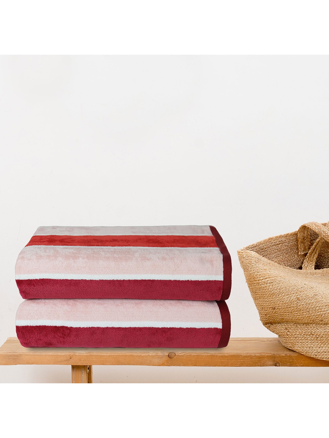 MYTRIDENT 2 Pieces Coral Pink Striped 500 GSM Cotton Beach Towel