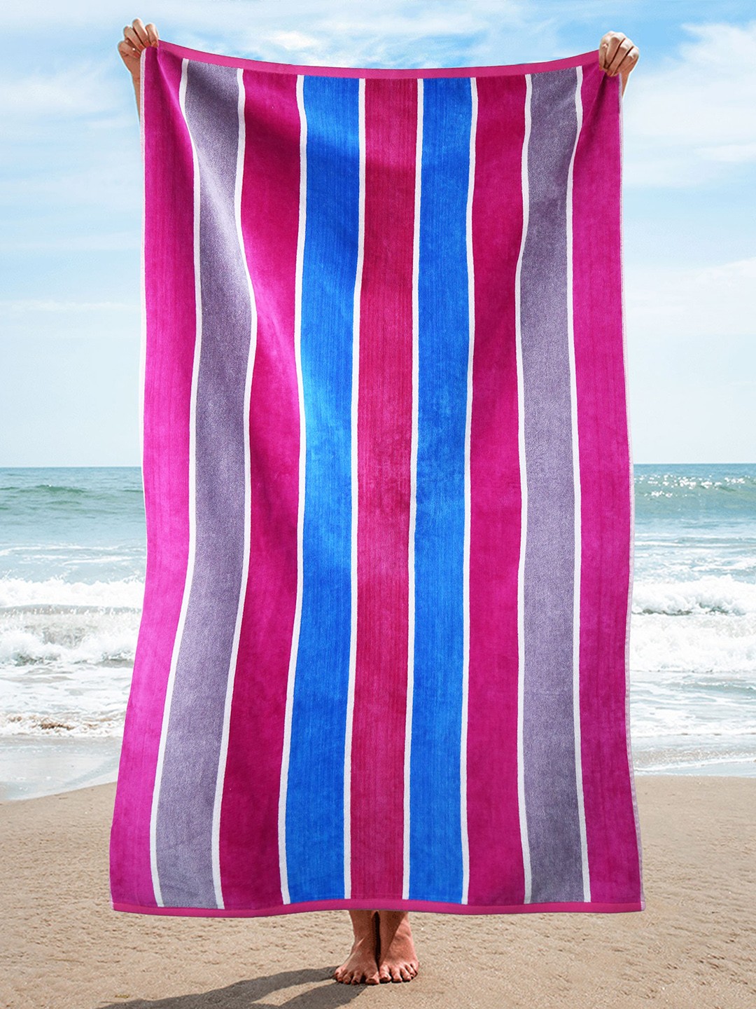 

MYTRIDENT Pink Purple Striped Printed 500 GSM Cotton Towel Set